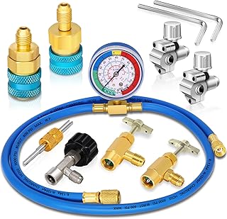 AC R134A R1234YF Refrigerant Recharge Hose Kit, AC R134a 1234yf Gauge Set with Bullet Piercing Valves, R134a R1234yf Can Taps, Low Pressure Quick Couplers