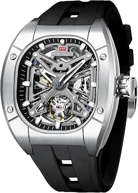 MF MINI FOCUS Unique Men Watches,Automatic Mechanical Watch,Luxury Hollow Tonneau Watches for Men with Silicon Band