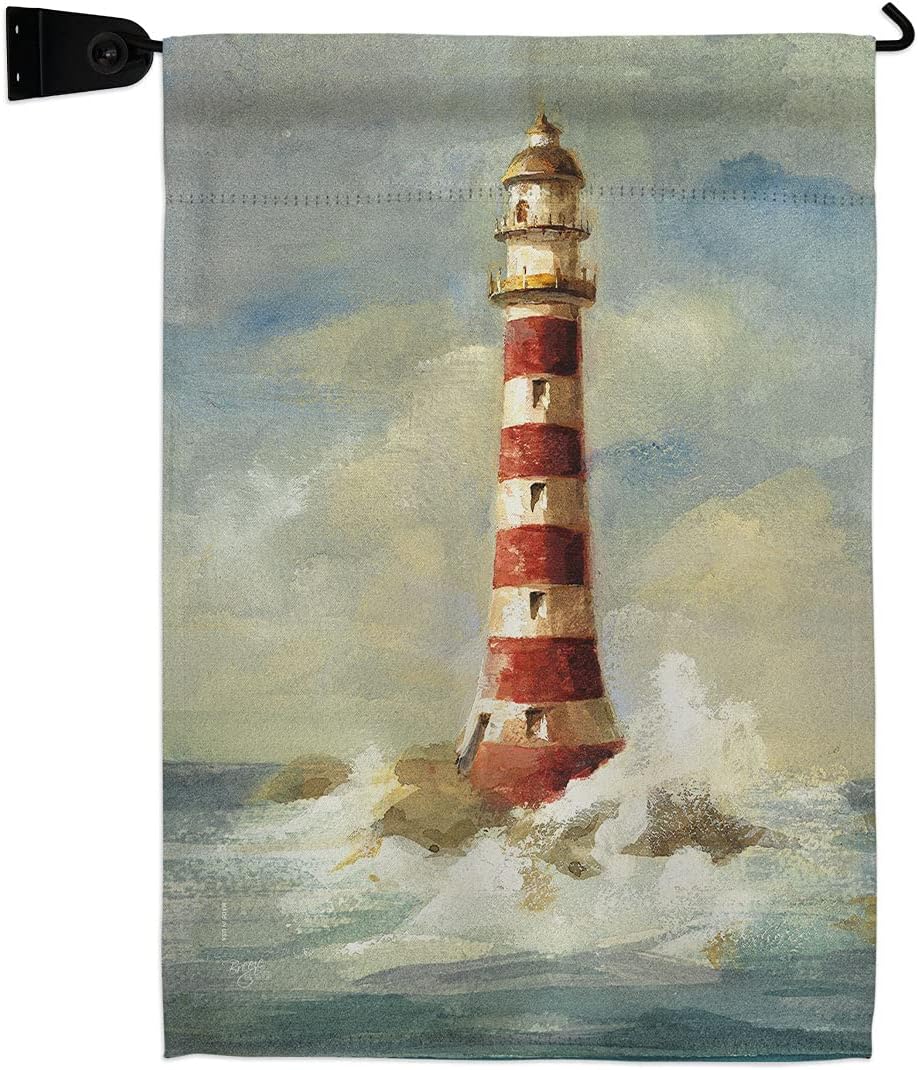 Lighthouse by the Sea Garden Flag Set Wood Dowel Coastal Nautical Anchor Sailor Shells Outdoor Summer Ocean Small Decorative Gift Yard House Banner Made In USA 13 X 18.5