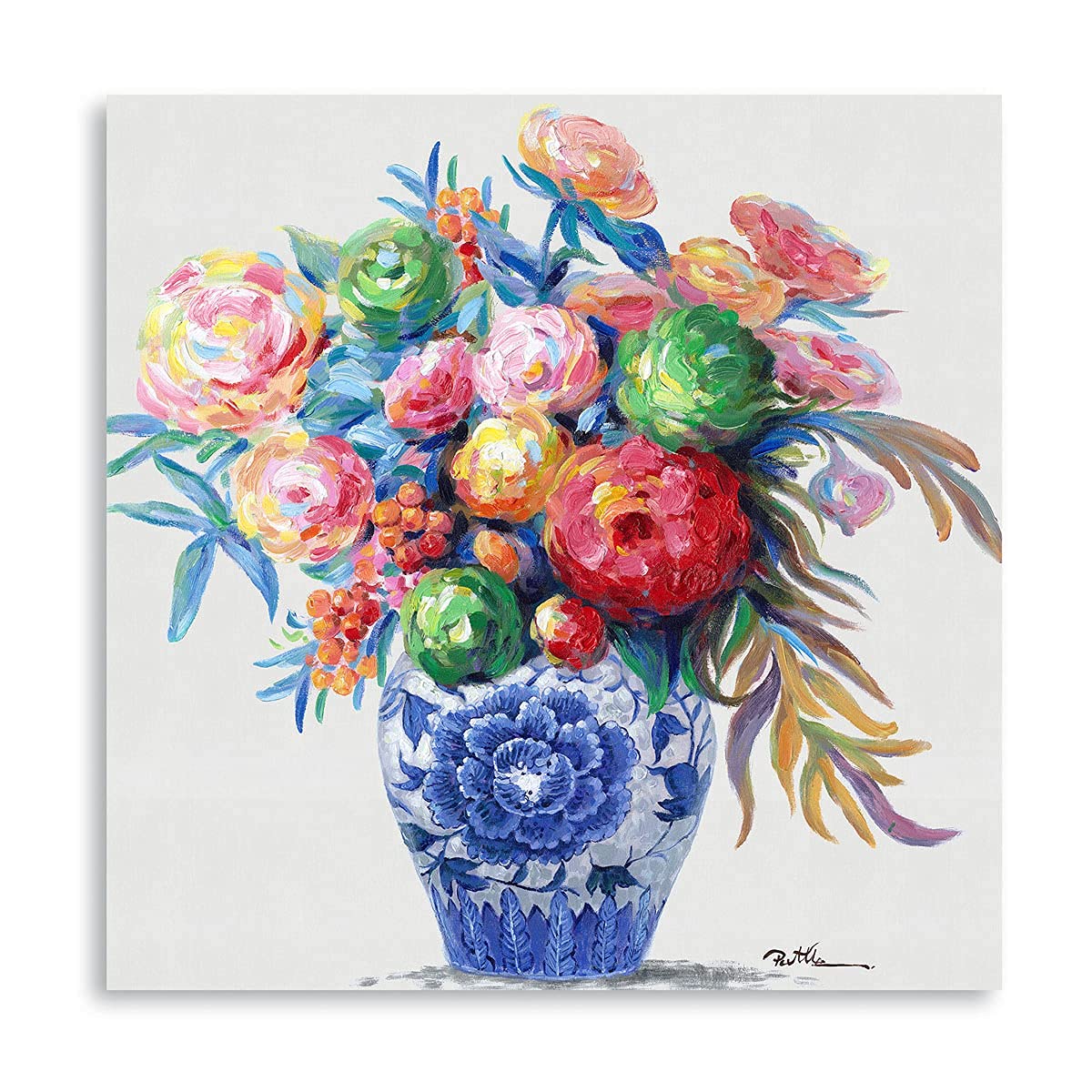 Vase en porcelaine bleu et gris sur toile Eustoma pour illuminer une chambre
