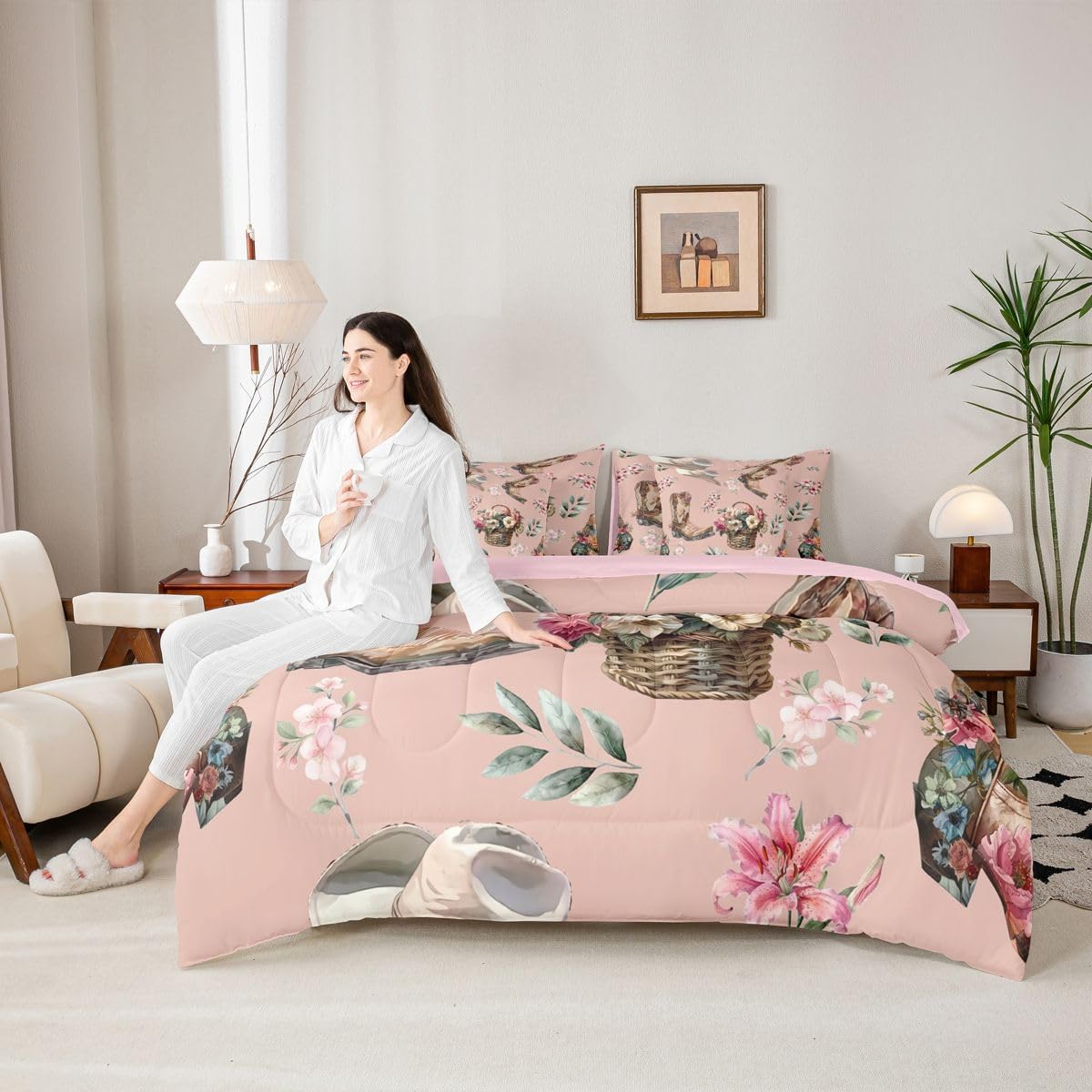 Erosebridal Cowgirl Western Boots Queen Comforter Set for Women Teen Girl - Boho Vintage Flower Floral Bed in a Bag Country Western Hat 7-Piece Bedding Set Cowboy Farmhouse Style Quilt Duvet Sets