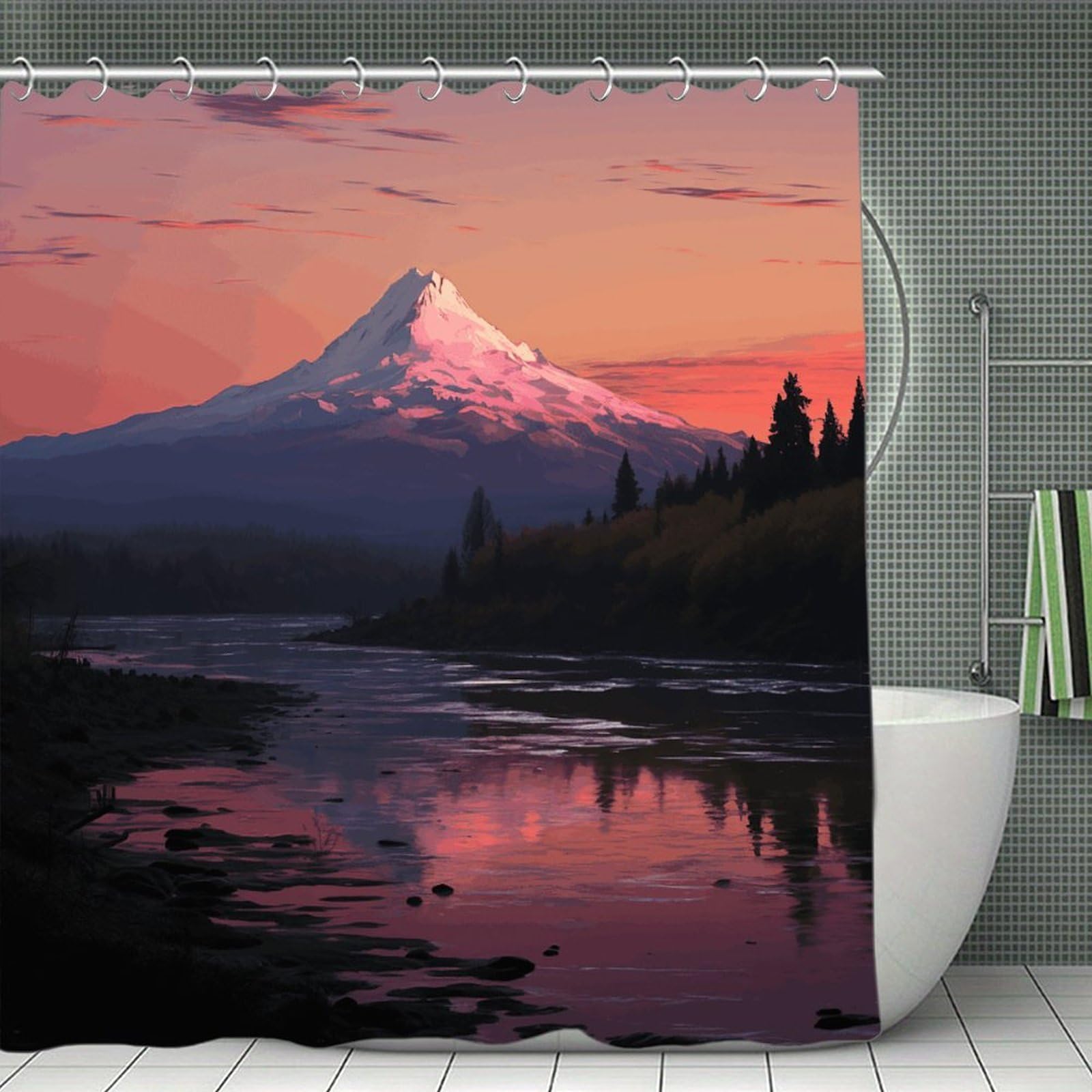 JTREHY Sunset Landscape Mountains Lake Shower Curtain Waterproof Bathroom Shower Curtain Machine Washable Bath Curtains Polyester Cloth Bath Curtains for Bathroom Showers 70.8×70.8Inch