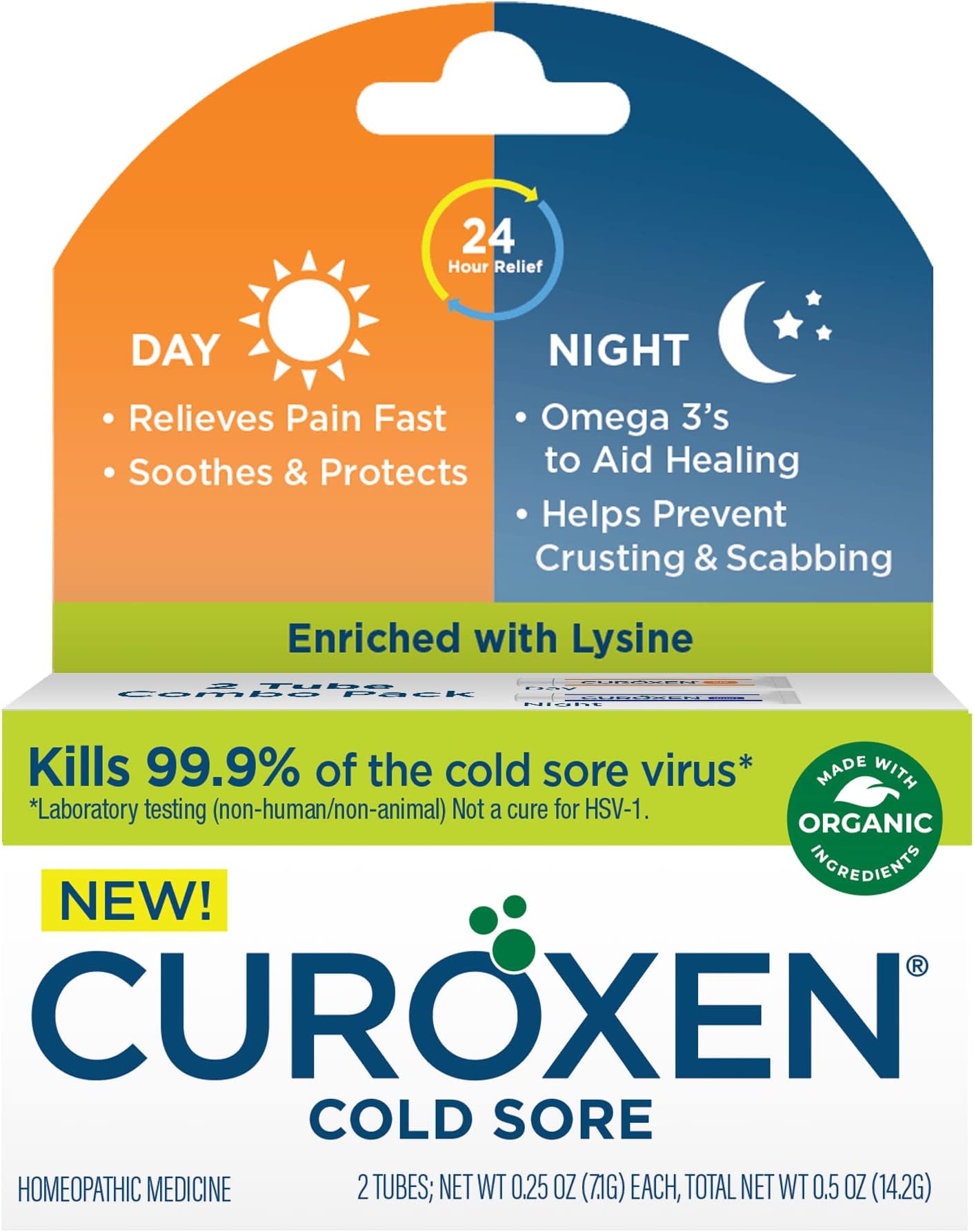 CUROXEN Cold Sore Day & Night Relief Combo Pack, Cold Sore Ointment Day and Night Use, All Day Cold Sore Relief with All-Natural & Organic Ingredients, Enriched with Lysine - 2 Tubes, 0.25 oz Each