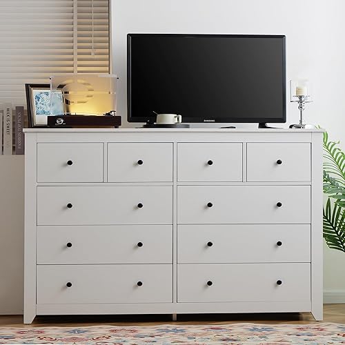 Miniatura 8 de EnHomee Cómoda de 10 cajones para dormitorio, cómoda grande y cómoda para dormitorio, cómoda moderna de madera blanca para ropa y suministros de