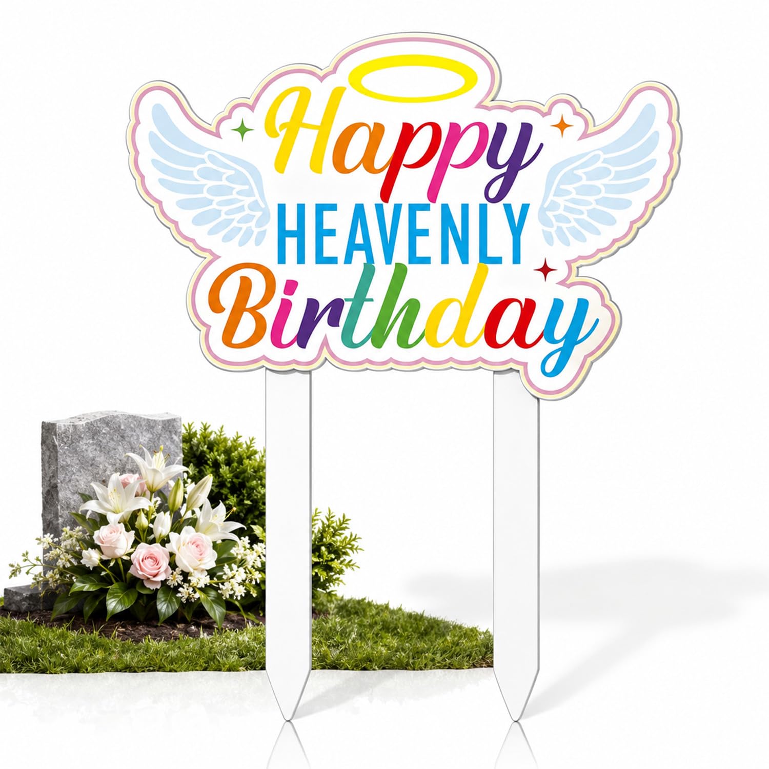 Angel Happy Birthday Metal Grave Stake, Vibrant Rainbow Lettering Design