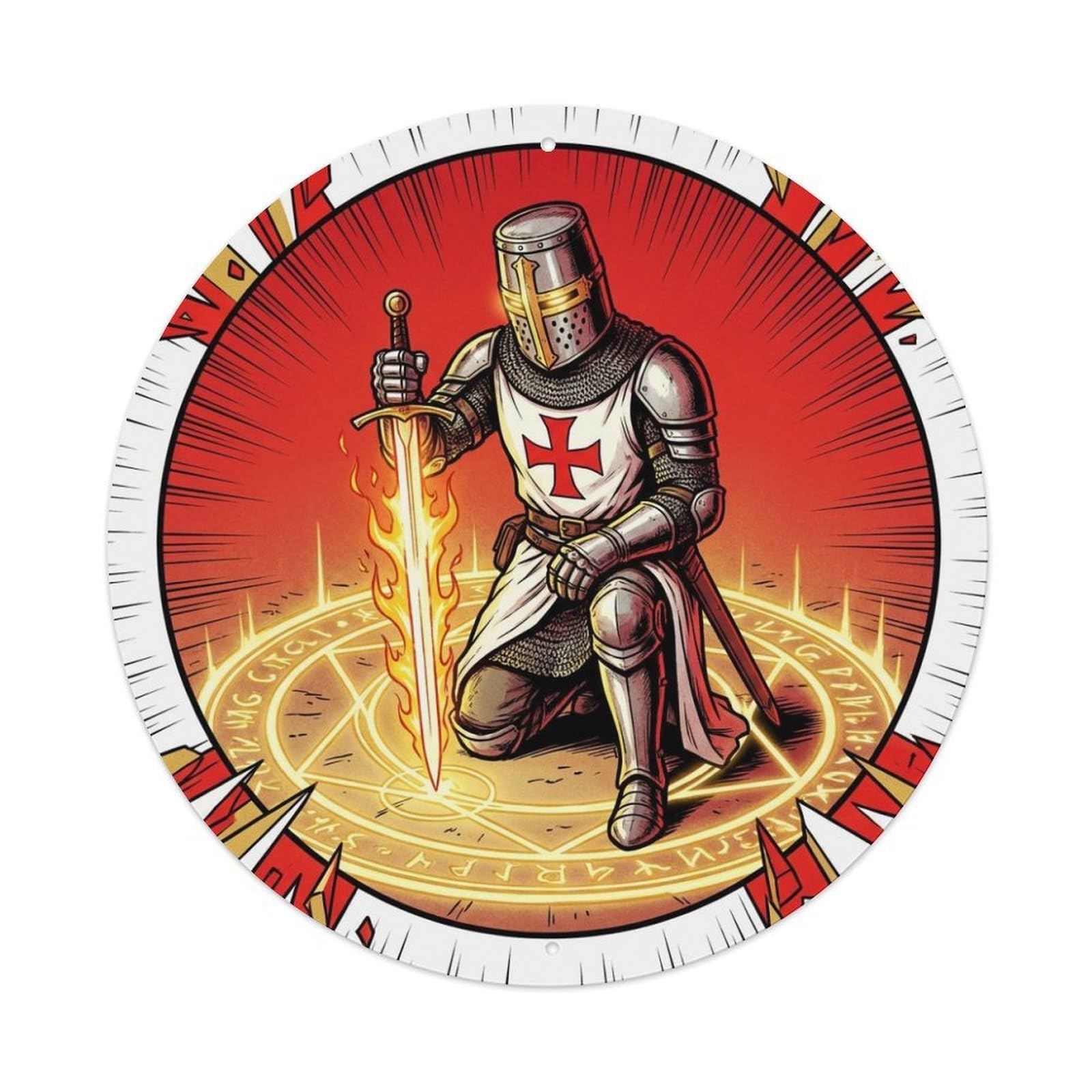 Christian Warrior Holy Sword Medieval Templar Knight Paladin Metal Tin Sign Plaque Wall Decor for Cafe, Man Cave, Club Bar, Office, Home Garden Round Metal Poster 8x8Inch