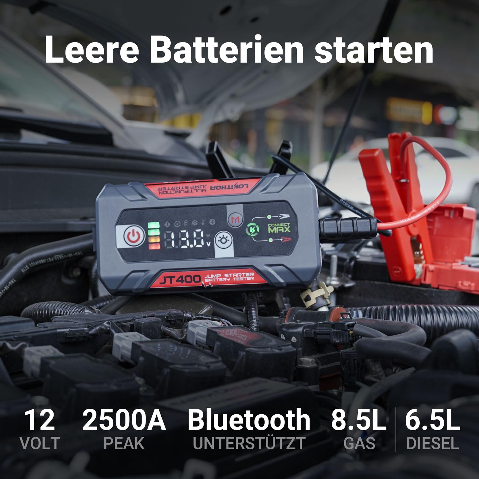 LOKITHOR JT400 Starter Powerbank 2500A mit Batterietester 100–2000 CCA | 3-en-1, Pour Essence 8.5L & Diesel 6.5L