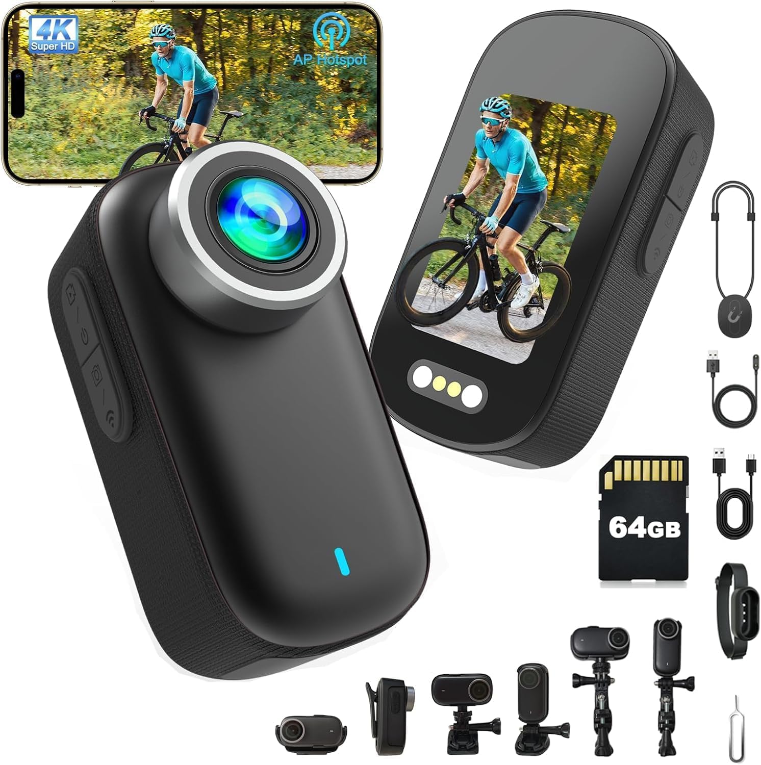 Body Camera, 4K HD Action Camera 64GB, IP65 Waterproof Sports POV Camera, Action Cam for Motorcycle Cycling, Mini Body Cam with Long Battery Life, Chest Mounted for Vlogging, Travel & Work
