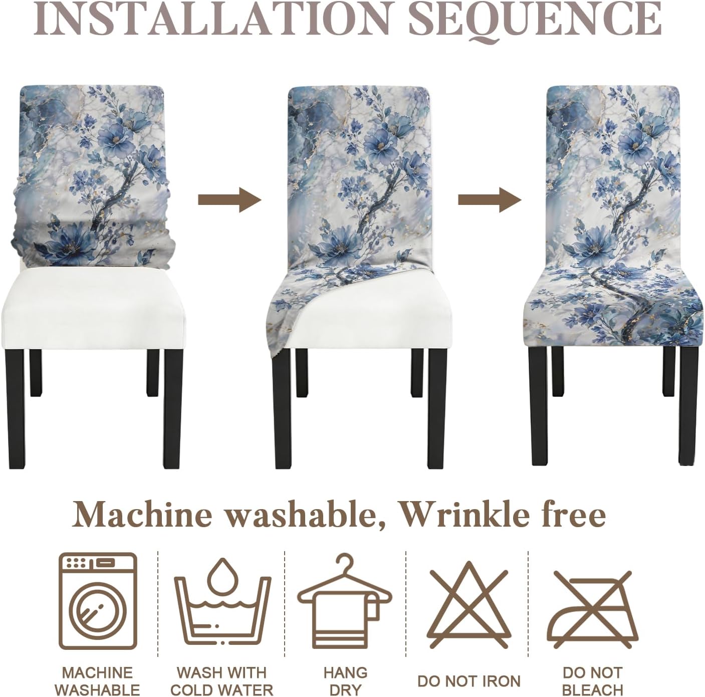 Blue Floral Dining Chair Covers Set of 4 - Stretch Slipcover | Vintage blue floral dining chair covers, set of 4; high-stretch washable slipcovers for dining room or parsons chairs