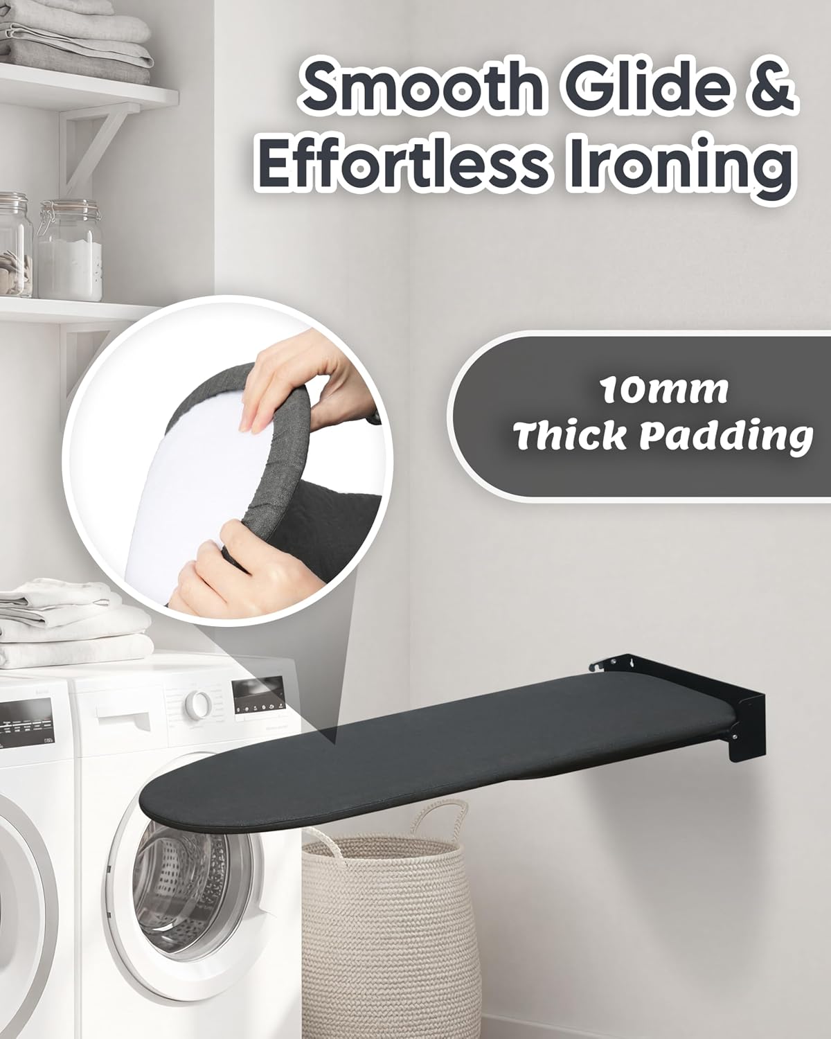 ZOES HOMEWARE Wall-Mounted Ironing Board Cover 13 x 37 inch，Small Iron Board Cover with 10mm Thick Padding, 3 Layers, with Heat-Reflective Non-Stick Smooth Surface, Elastic Edge（Black）