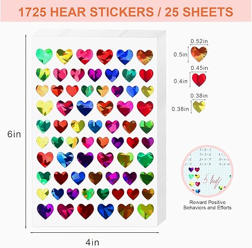 Miniatura 2 de 1725 calcomanías de corazón con purpurina para niños, holográficas, arco iris, corazón pequeño, calcomanías de recompensa para niños, tabla de