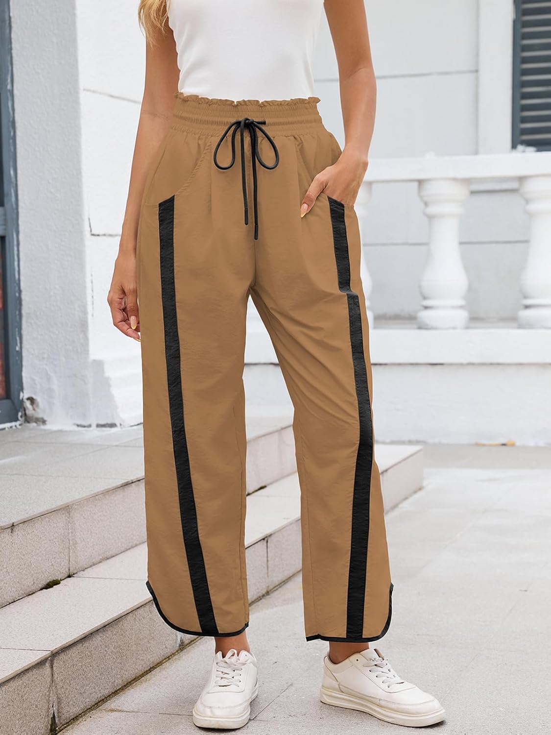 Womens Wide Leg Pants Baggy Drawstring Elastic Waist Stripe Casual Track Pants - Image 3