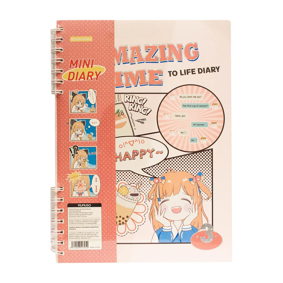 MUMUSO A4 Mini Diary Sketchbook and Caricature Spiral Bound Portable Art Supplies A4, 40 Sheets - Pink