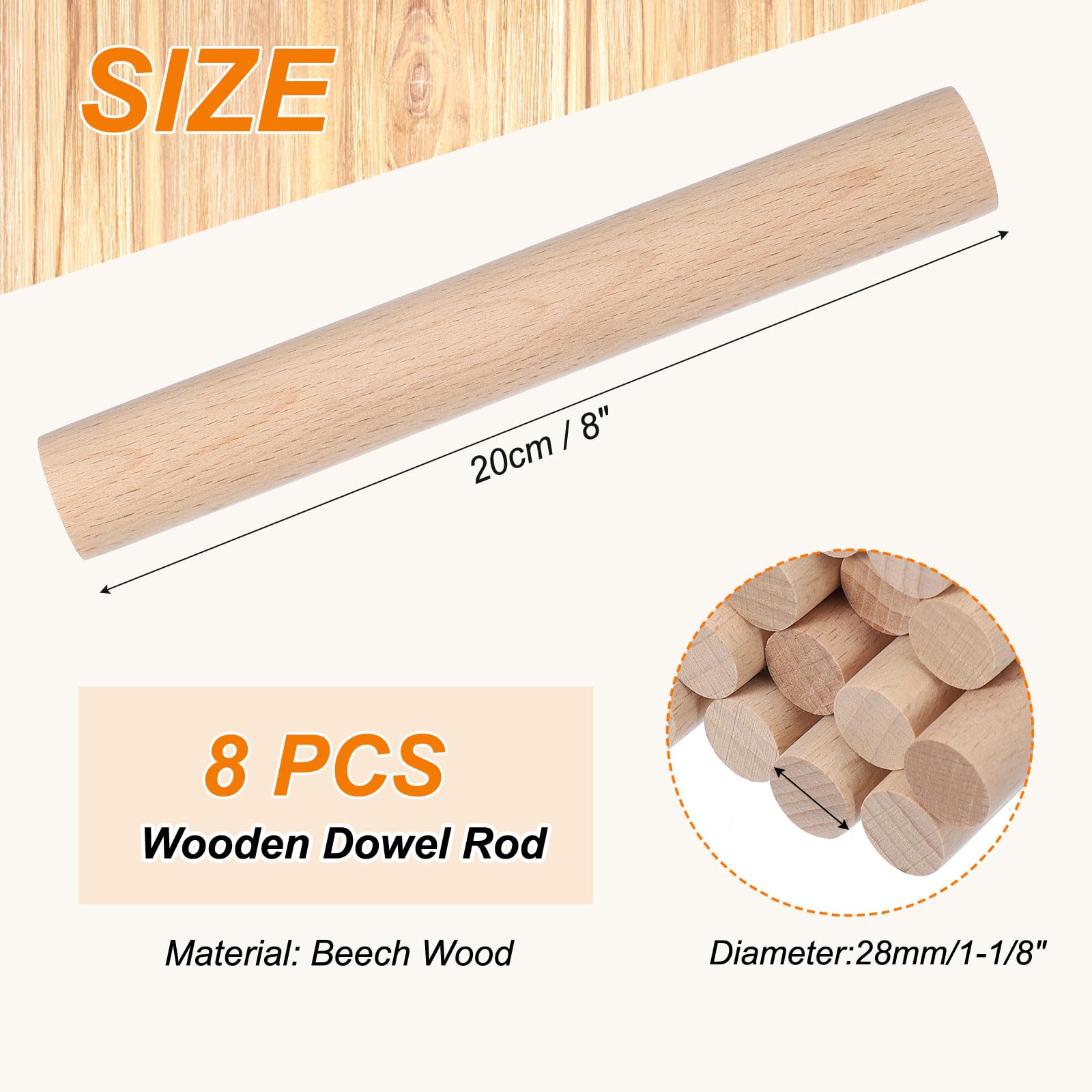 PATIKIL 1-1/8 x 8 Inch Wooden Dowel Rod - Image 2