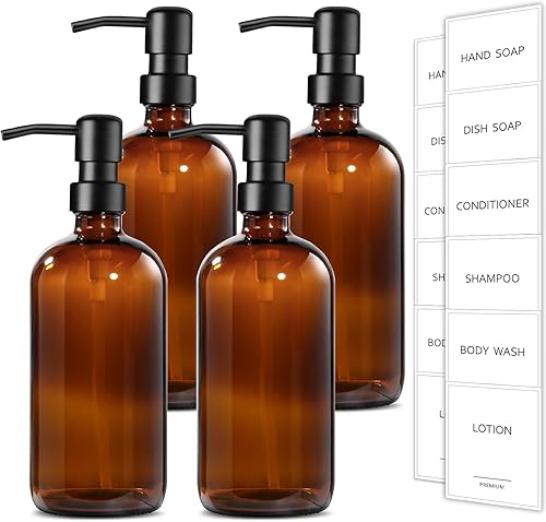 Miniatura 75 de GMISUN Dispensador de jabón de vidrio ámbar, paquete de 2 dispensadores de jabón de manos de baño con bomba de bambú, juego de dispensador de jabón