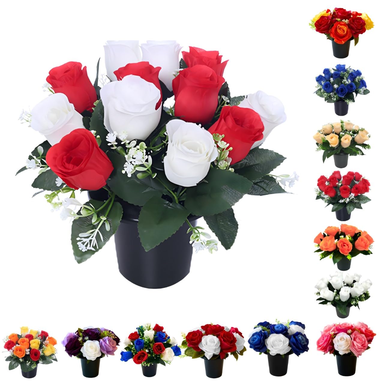 Caliko Pot 1 25Cm Grave Flower Pots With Improved Design | Artificial Flowers For Graves In Pots | 12 Head Red And Ivory Cemetery Decorative Artificial Flowers For Christmas & Grave Decoration.