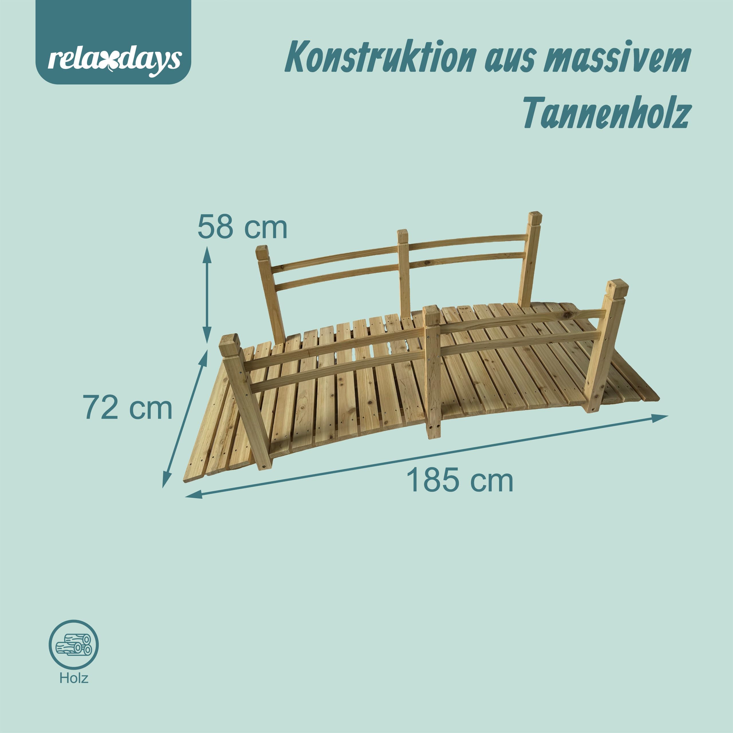 Relaxdays Garten Brücke, mit Geländer, Tannenholz, Gartenteich, HxBxT: 58 x 185 x 72 cm, 200 kg, Holzbrücke, Natur