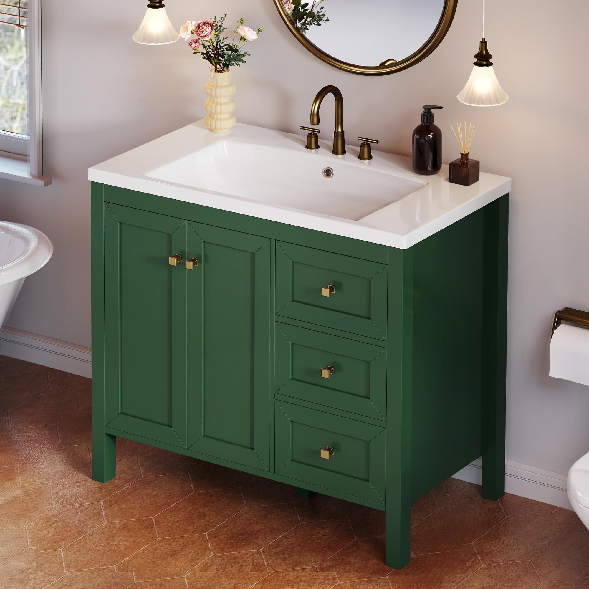 DWVO 36 Inch Bathroom Vanity with Sink Combo, Modern Bathroom Storage Cabinet with Resin Basin, Three Holes, 2 Doors & 3 Drawers, Green