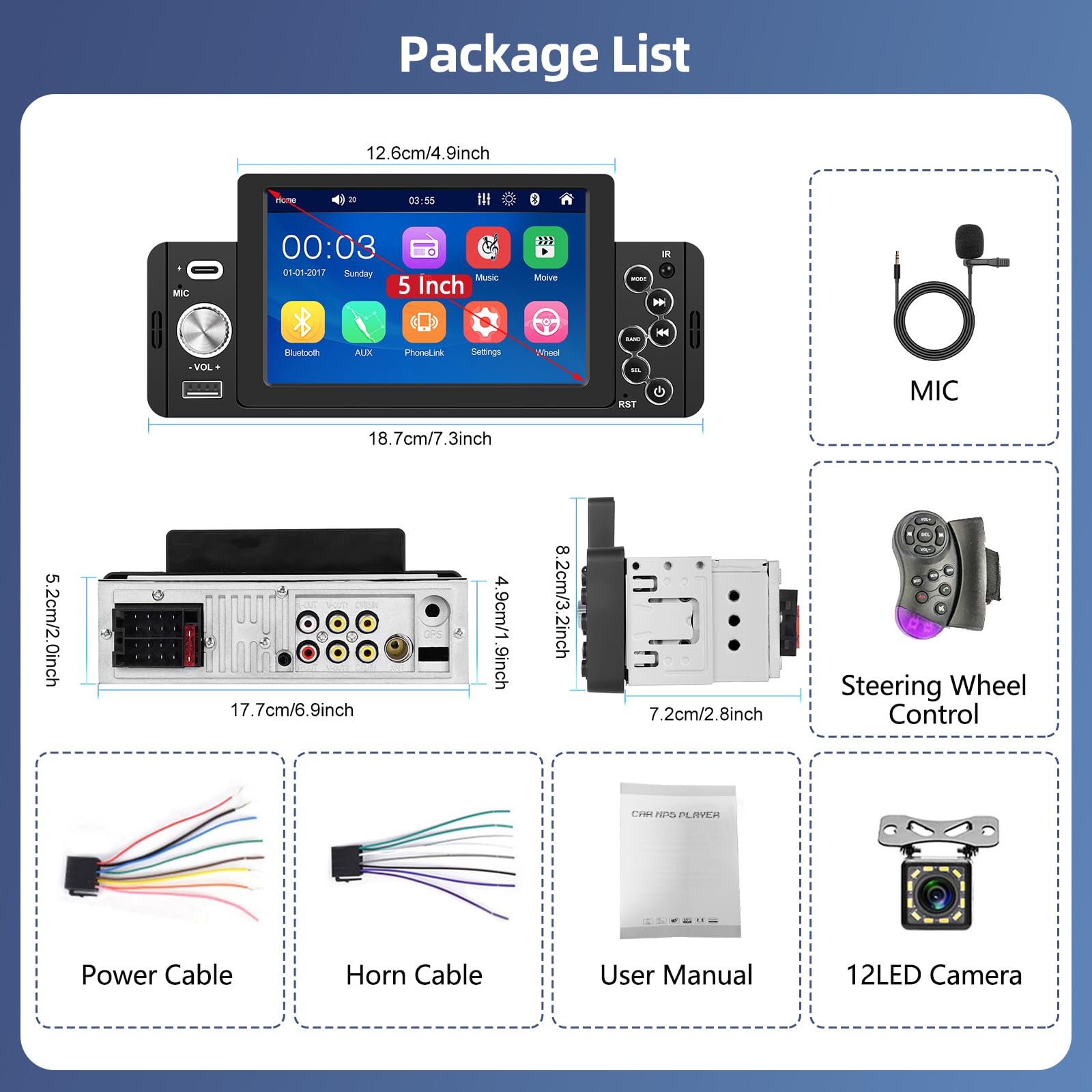 Podofo Autoradio 1 Din con Sistema Vivavoce Bluetooth, Autoradio da 5 Pollici con Schermo, Supporto Ricevitore MP5 FM, Collegamento Specchio, Telecomando, SWC + Telecamera Posteriore e Microfono