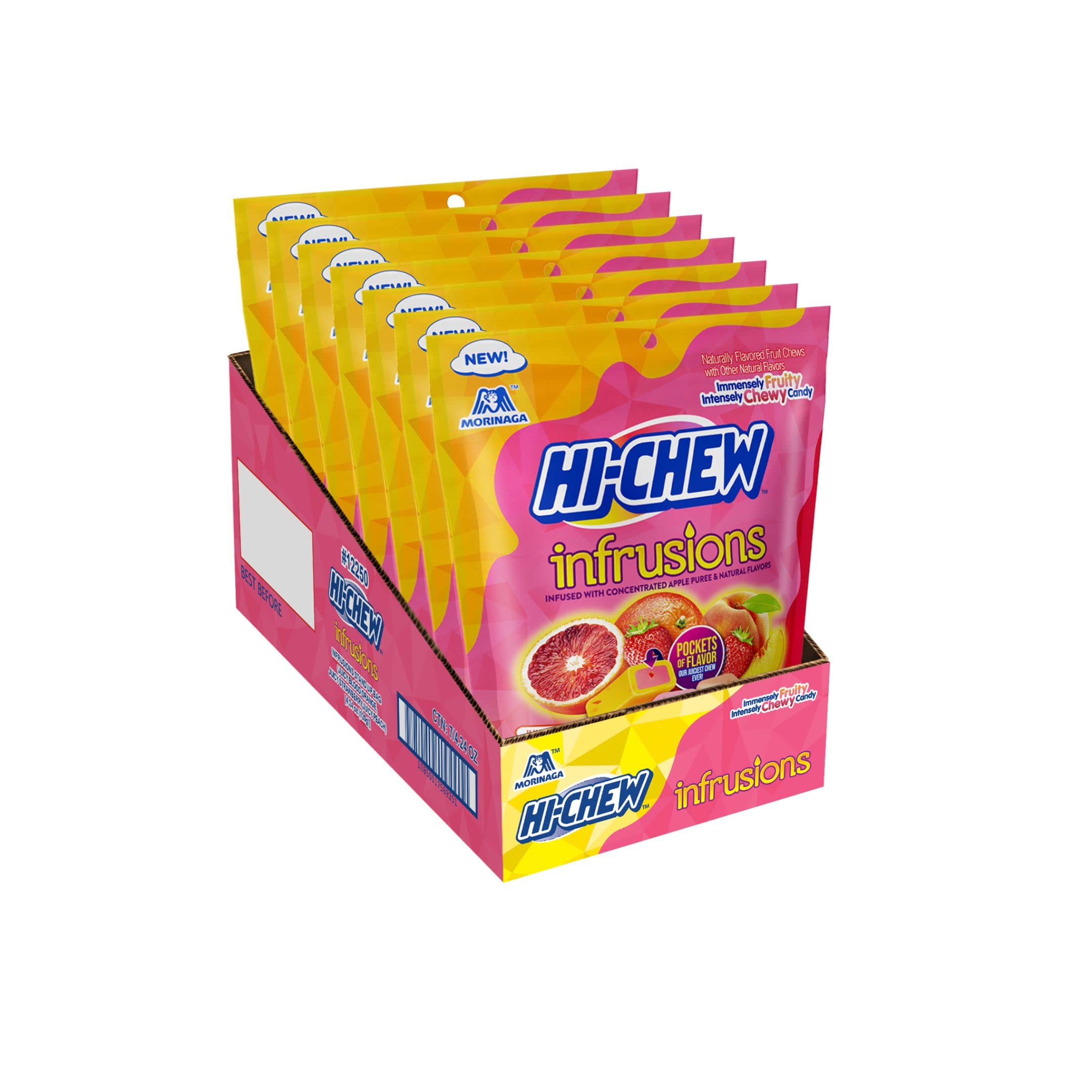 HI-CHEW Infrusions Blood Orange, Stawberry, Peach, 7 Mini Stand Up Pouches, 4.24oz each - Fun Soft & Chewy Candy - Immensely Juicy Fruity Flavors - Individually Wrapped Halloween Sharing Candy