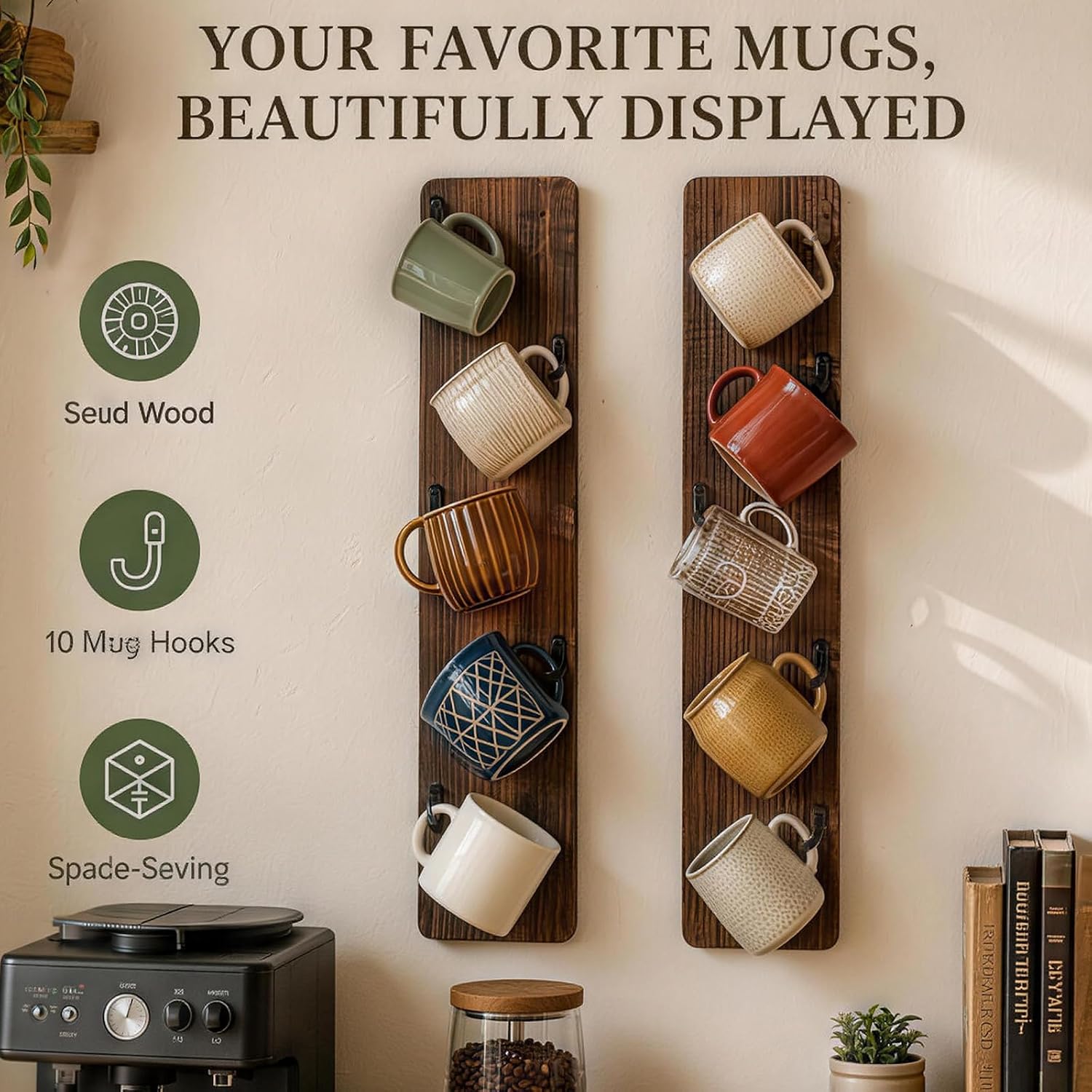 Wooden Coffee Mug Holder Wall Mount, Practical Mug Rack Wall Mounted, 2 Pack 12 Hooks Storage Shelf for Home Office Dining Room Kitchen Bar