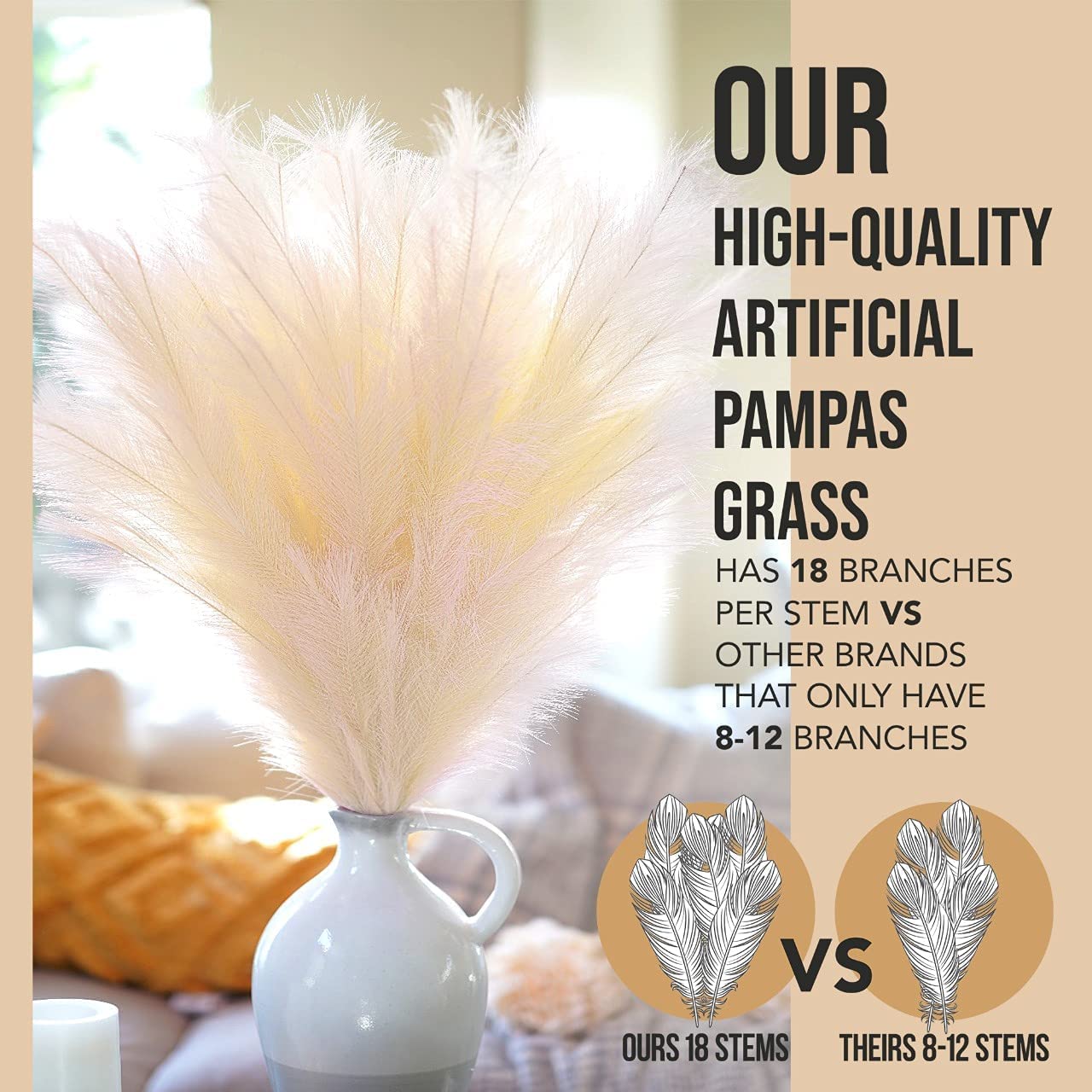 Trendy Home Decor Pampas Grass Decor Tall (3 Pcs 44 inch Natural/Beige Or Pink) Super Fluffy