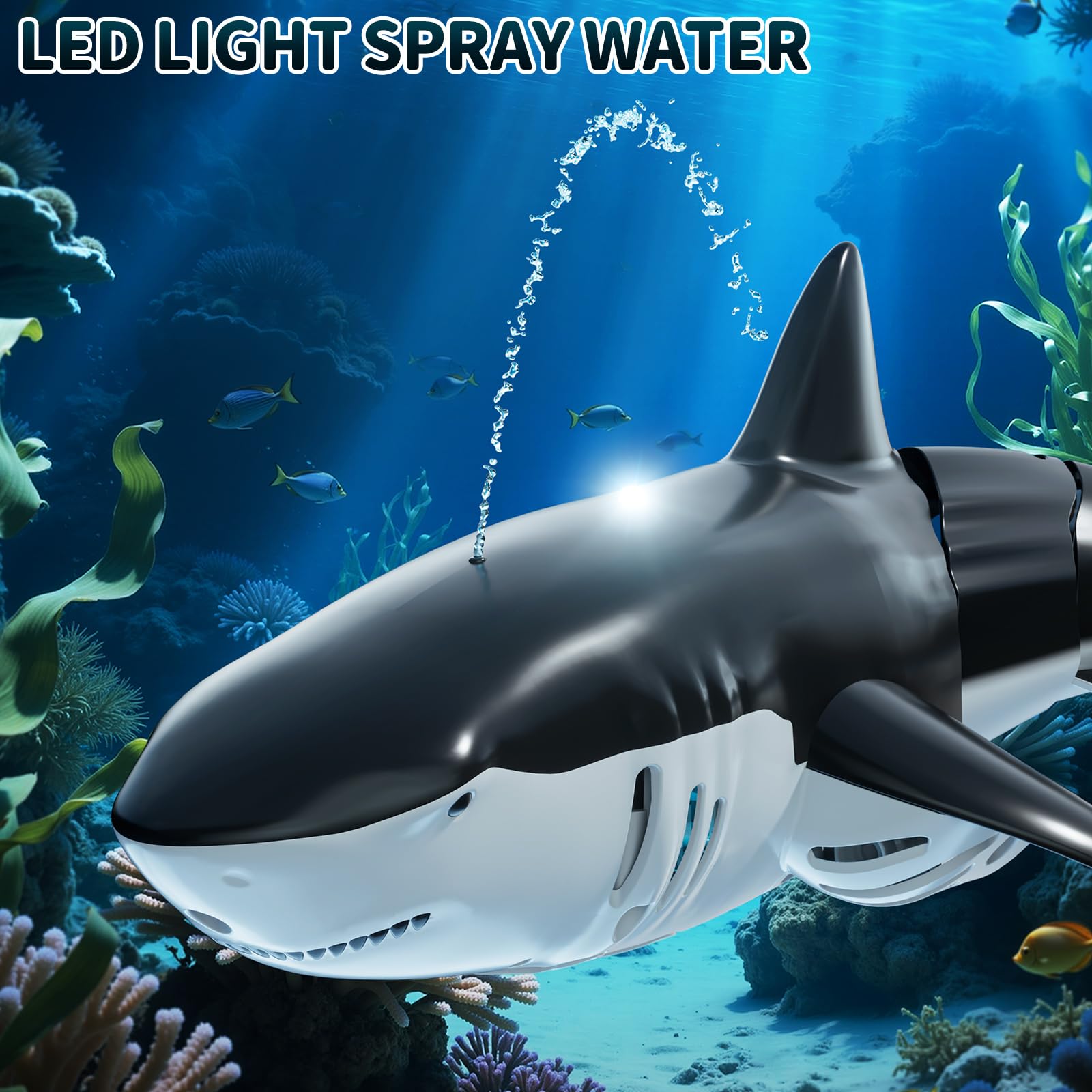 2.4GHz Remote Control Shark Toys for Boys,1:18 Scale High Simulation Shark Toys with Light & Spray, RC Sharks for Pools & Lakes, Toy Shark Boat Gift for 4 5 6 7 8 9 Year Old Kids Boys Girls