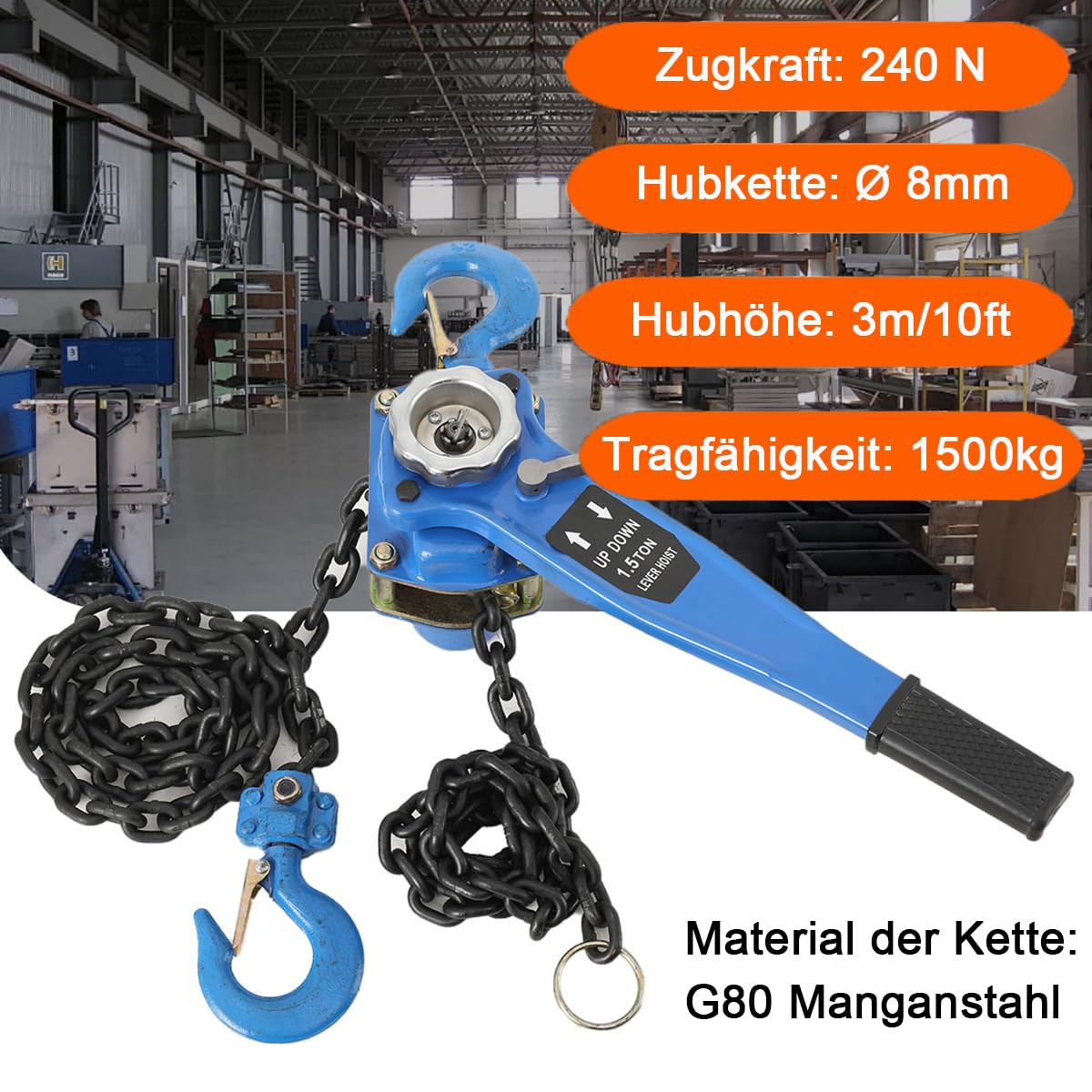 Hebelzug Kettenzug 1500kg Kapazität, Ratschenzug 3m/10ft Hubhöhe | mit 360° Drehung Haken, Flaschenzug Kranzug Kette Hebel, 1,5t Tragfähigkeit