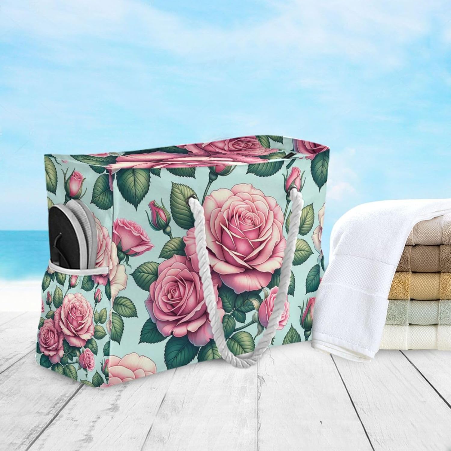OTVEE Pink Roses with Leaves Pattern Beach Bags for Women Ladies Large Canvas Tote Shoulder Bag Waterproof Travel Bags for Gym Swim Pool Camping