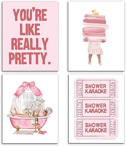 Miniatura 23 de VIIJJUE Decoración de Pared de Baño Azul, Conjunto de 4 Impresiones de Arte de Pared de Karaoke de Ducha Retro Azul para Niñas Preppy, Carteles de