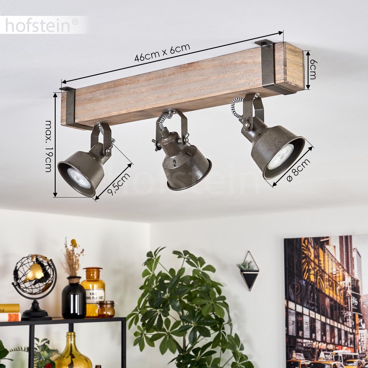 Deckenleuchte Pehefito, moderne Deckenlampe aus Metall/Holz in Grün-Grau/Natur, Deckenleuchte im Industrial Design mit verstellbaren Schirmen, 3-flammig, 3 x GU10 ohne Leuchtmittel