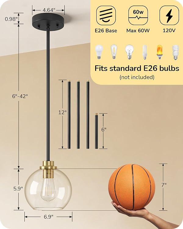 EDISHINE Modern Pendant Lights Kitchen Island 2 Pack, Hanging Light Fixture with Clear Glass Globe Shade, Hardwired Matte Black Adjustable Metal Rod for Bathroom, Dining Room, Bedroom by EDISHINE - Image 7