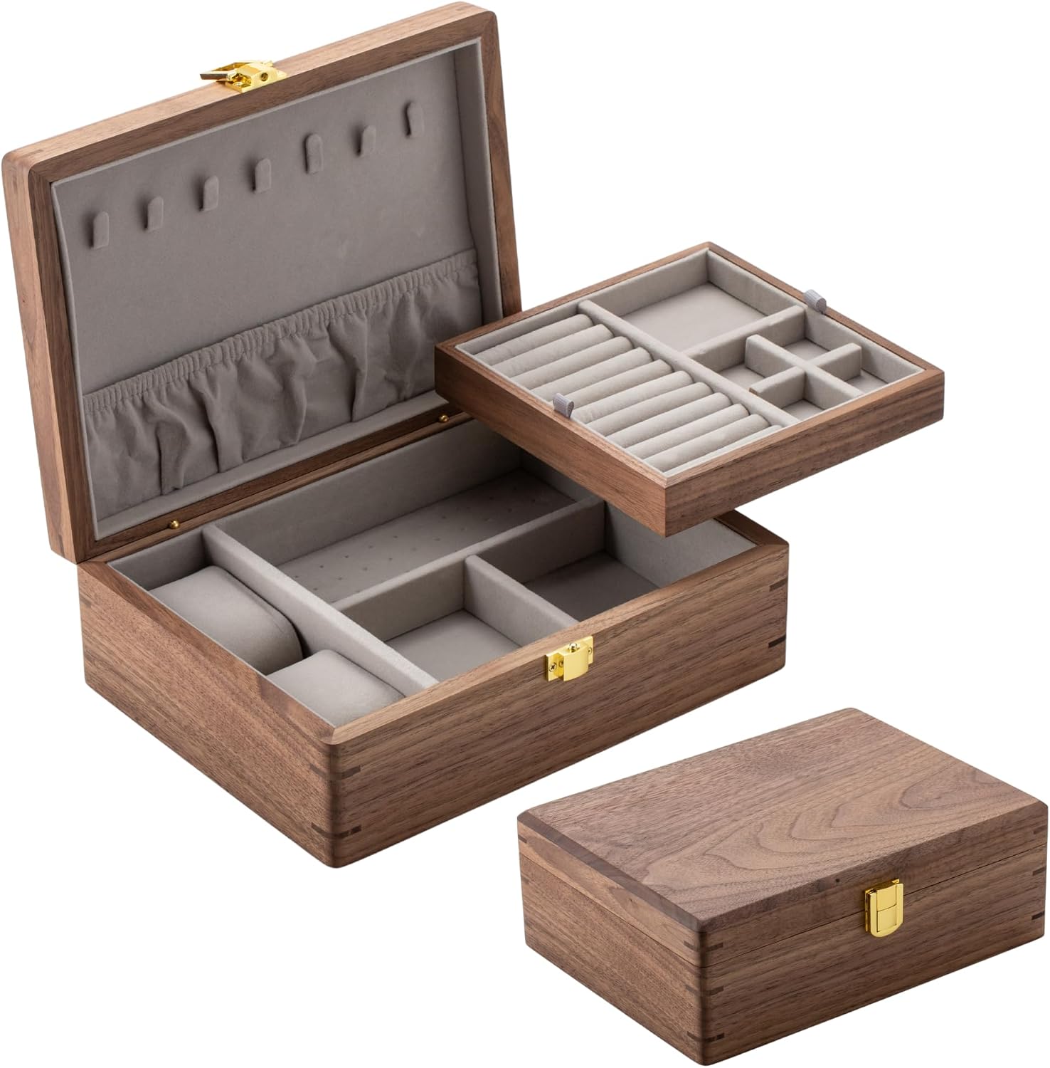 muso wood Walnut 2 Level jewelry Box with Metal Clasp for Storage