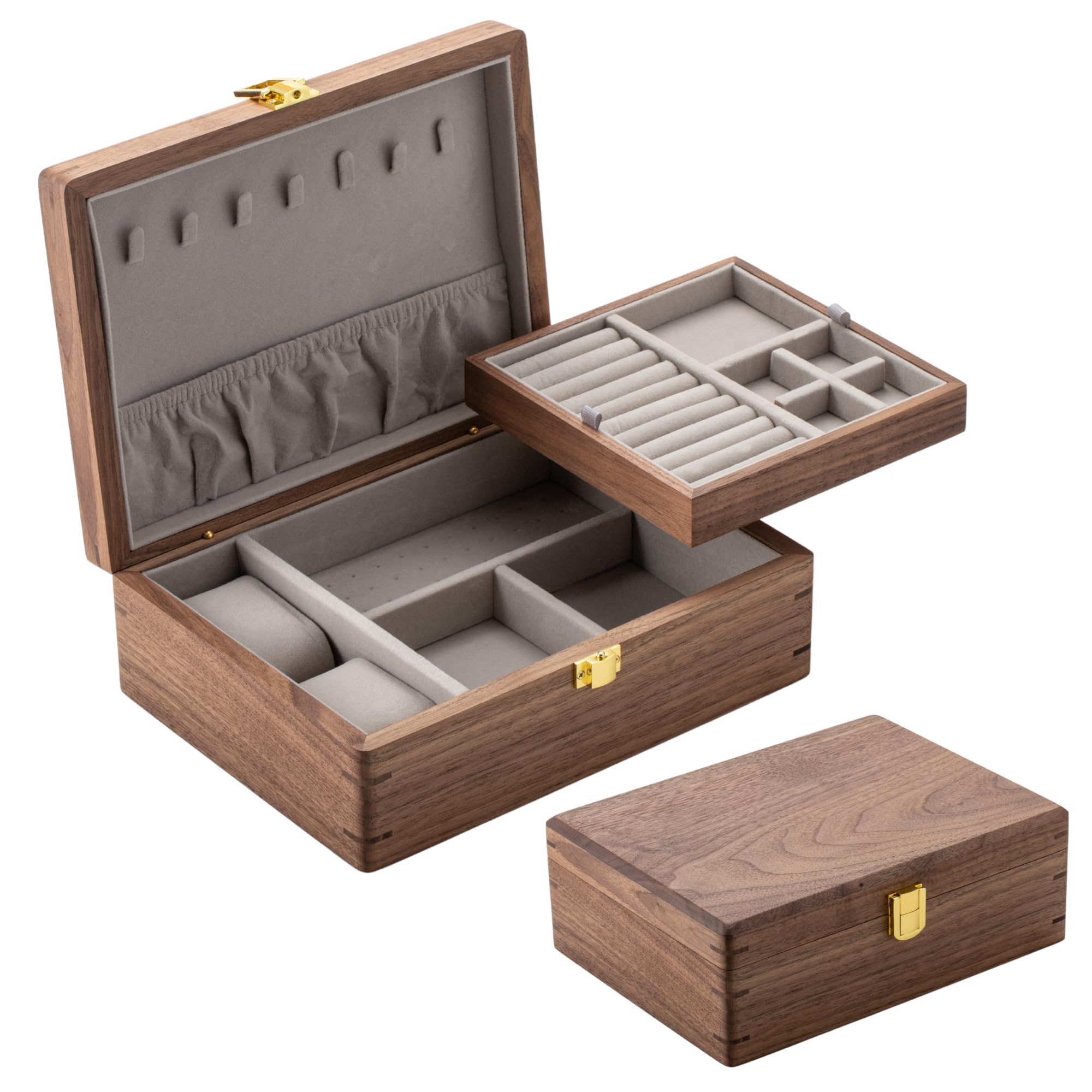 muso wood Portagioie in vero legno di noce, a 2 livelli, con chiusura in metallo
