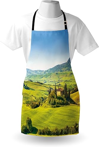 Miniatura 3 de Lunarable Tuscan Apron, Rural Landscape Cypresses Along the Path to Vineyard Farm House, Unisex Kitchen Bib Apron with Adjustable Neck for Cooking