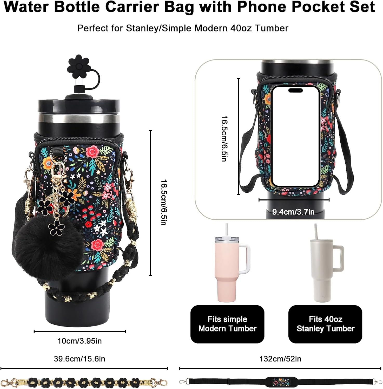 Stanley Cup Accessories Set Including Water Bottle Carrier Bag,Water Bottle Holder with Strap,Straw Cover,Stanley Charms,Silicone Boot for Stanley 40oz 30oz Tumbler - Image 2
