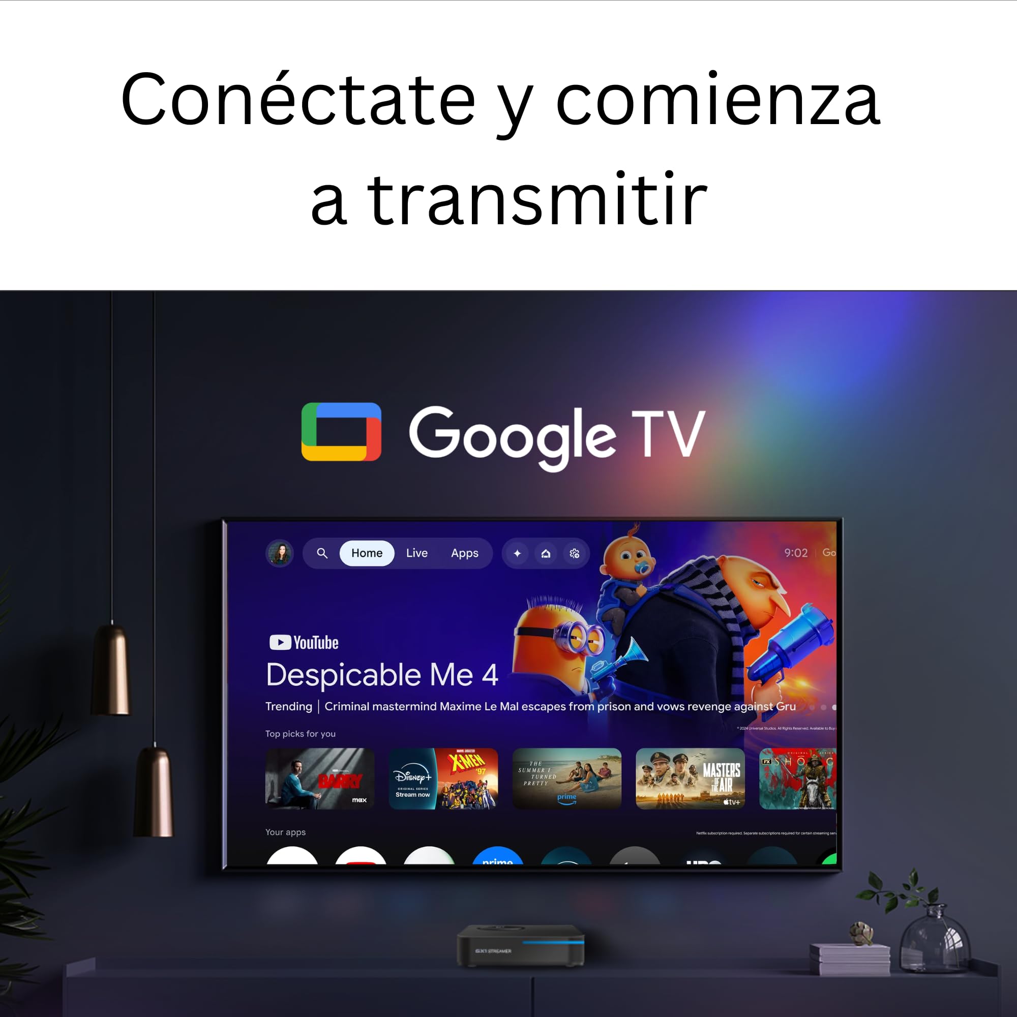 GX1 Box TV 4K - Google TV 14 [4GB RAM, 32GB ROM] Reproductor Multimedia Smart TV, Soporta Netflix y Prime en 4K, AI-Upscaling, HDR10+, WiFi 6, LAN