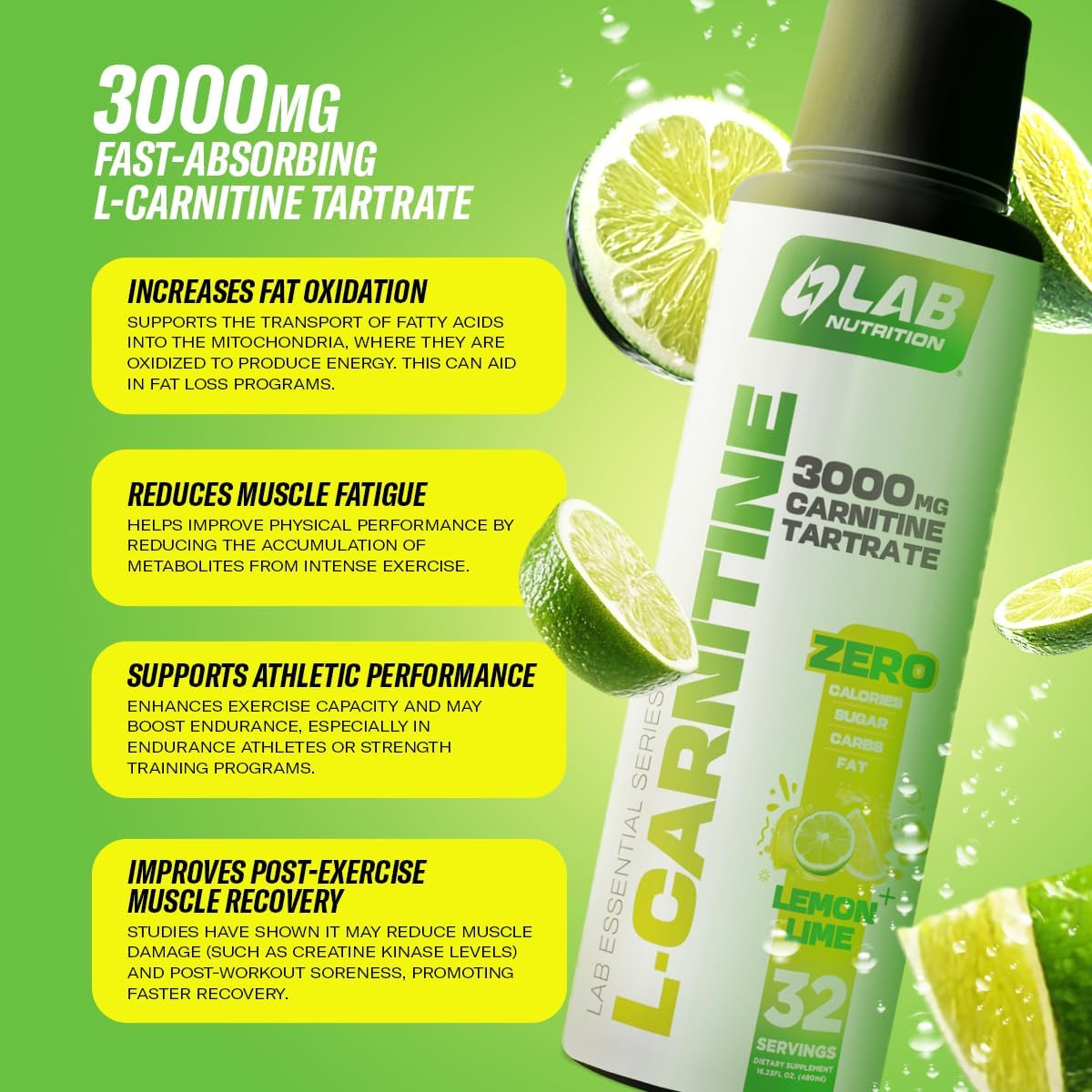 Lab Nutrition L-Carnitine 3000 MG Liquid Presentation, Supplement Drink, Stimulant Drink, Metabolic Energizer Workout Drink for Performance and Muscle Recovery, 31 Servings (16 oz, Lemon Lime)