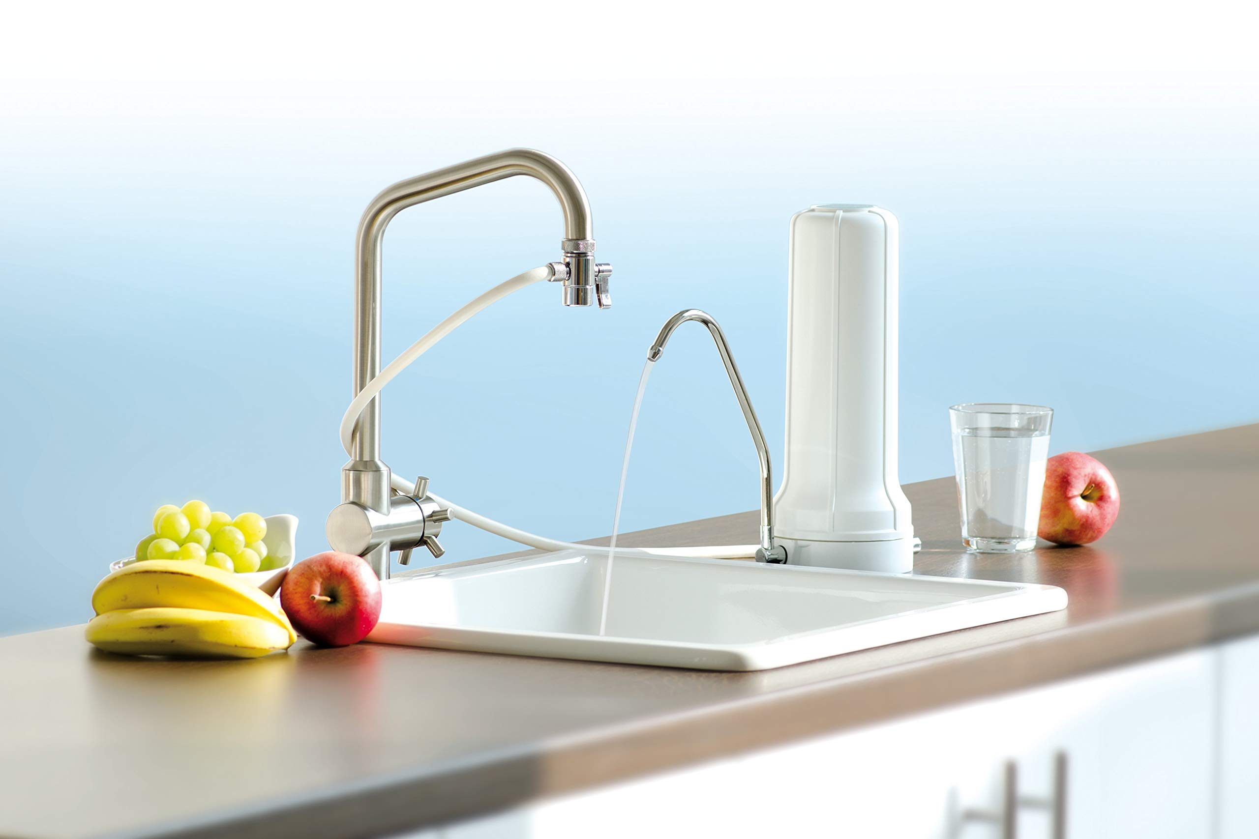 Alvito Auftischfilter Basic - Wasserfilter für Leitungswasser | Filteranlage ohne Kartusche, Ø 120 mm, Höhe 295 mm, M22/M24 Anschluss, PP-Gehäuse, Silikonschlauch