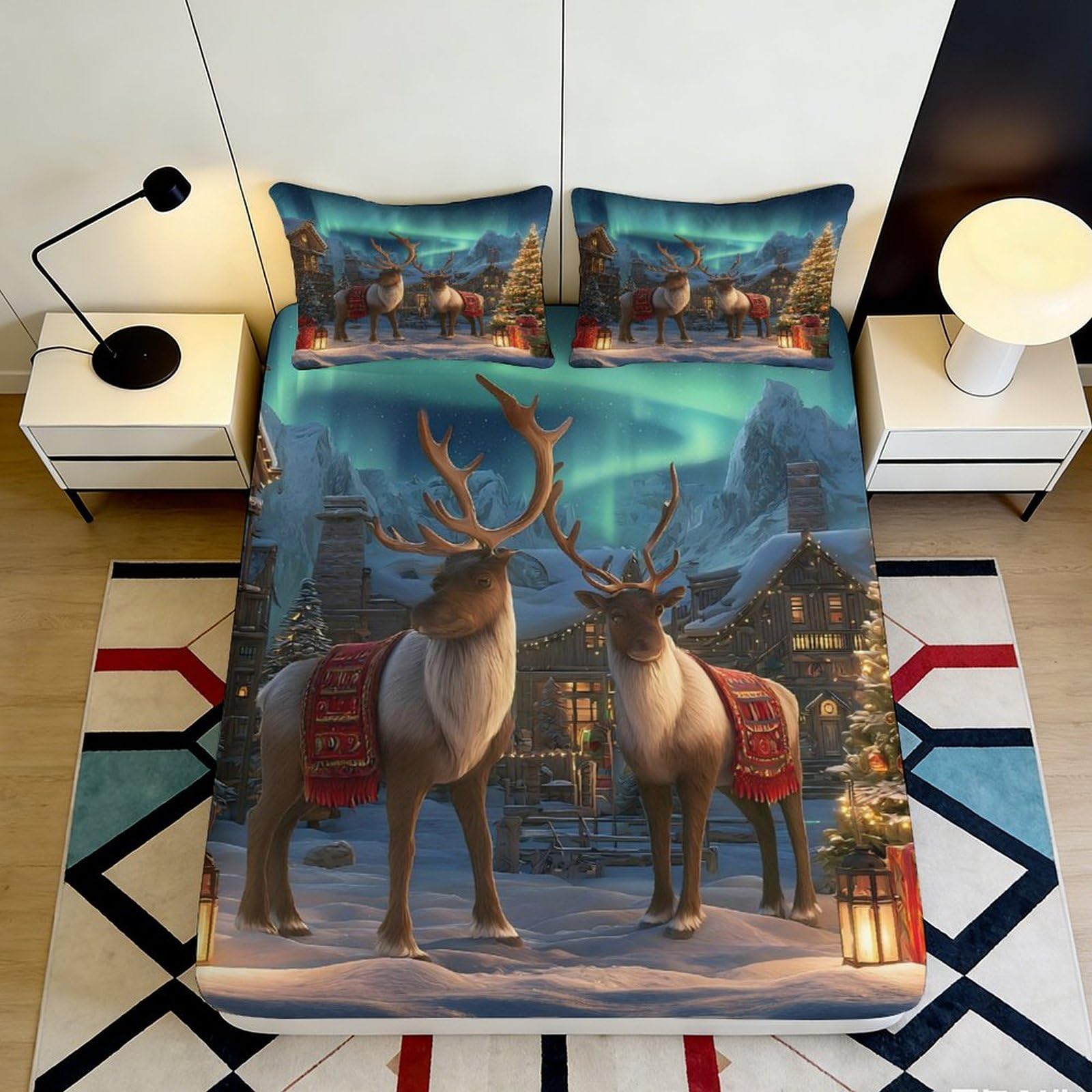 3D Printed Reindeer Aurora Fitted Sheet Microfiber Winter Village Bed Cover for Bedroom Guest Room Decor 90x200x25cm