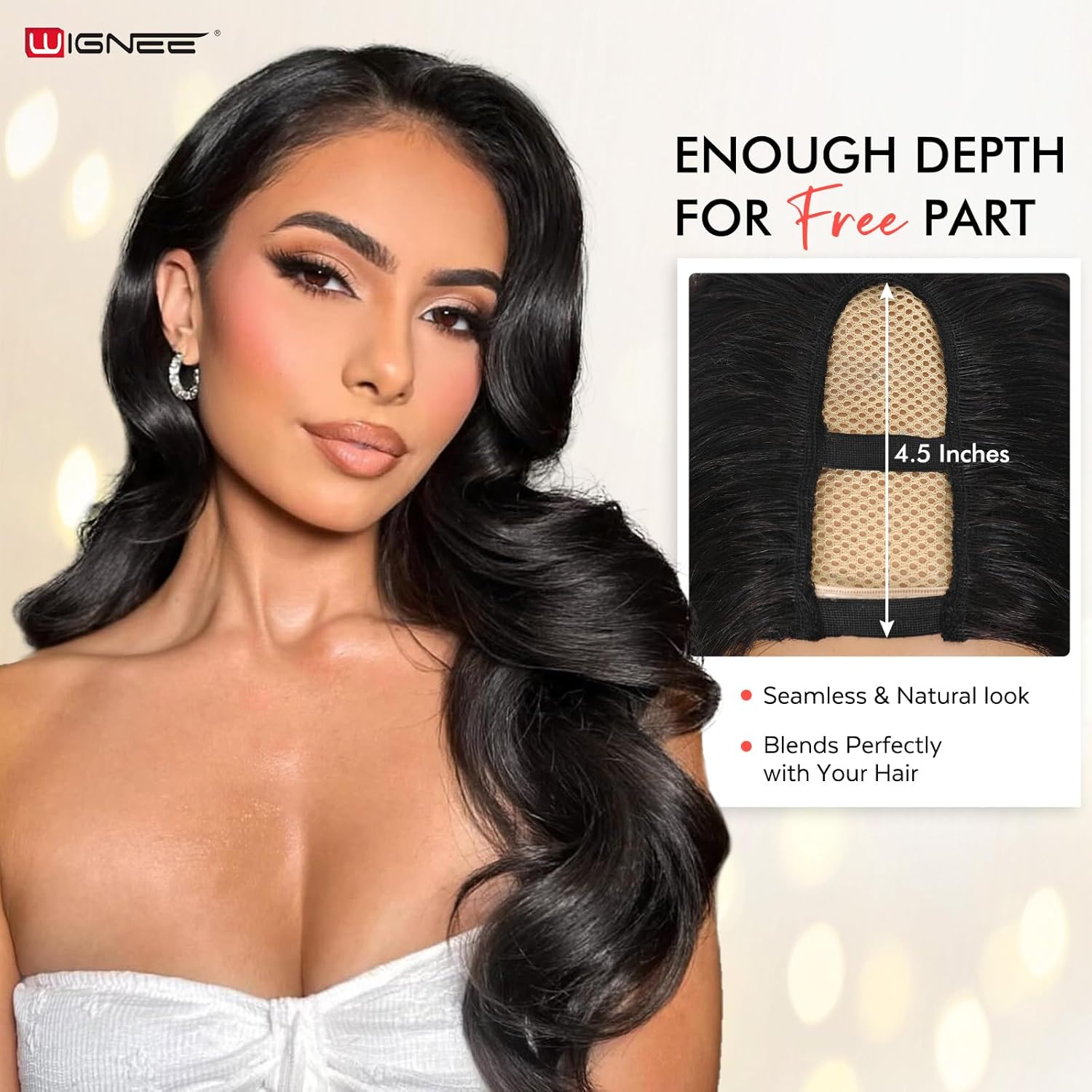 WIGNEE U Part Human Hair Wig Body Wave | True Curved 14" Length No Stretching | 100% Unprocessed Brazilian Virgin Hair | 200% Density V Part Body Wave Wigs for Black Women Human Hair Glueless