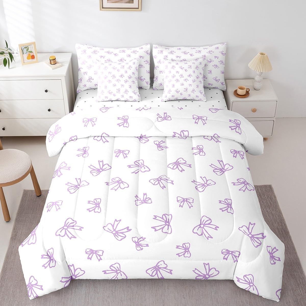 Feelyou Cute Bow Comforter Set with Sheets Full Size Kids Cartoon Bowknot 7 Pieces Bedding Set for Boys Girls Teens Purple Bowknot Bed in a Bag Breathable Gift for Girls Women Bed Set