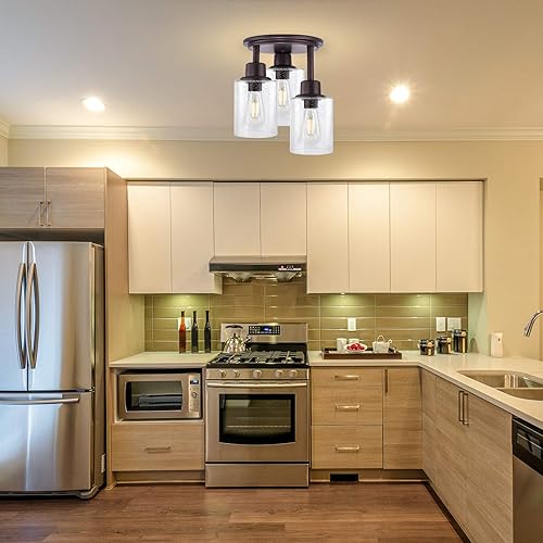 Miniatura 7 de Lámpara de techo semiempotrada, 3 lámparas cerca del techo, lámpara de cocina vintage con acabado de bronce aceitado con pantalla de vidrio