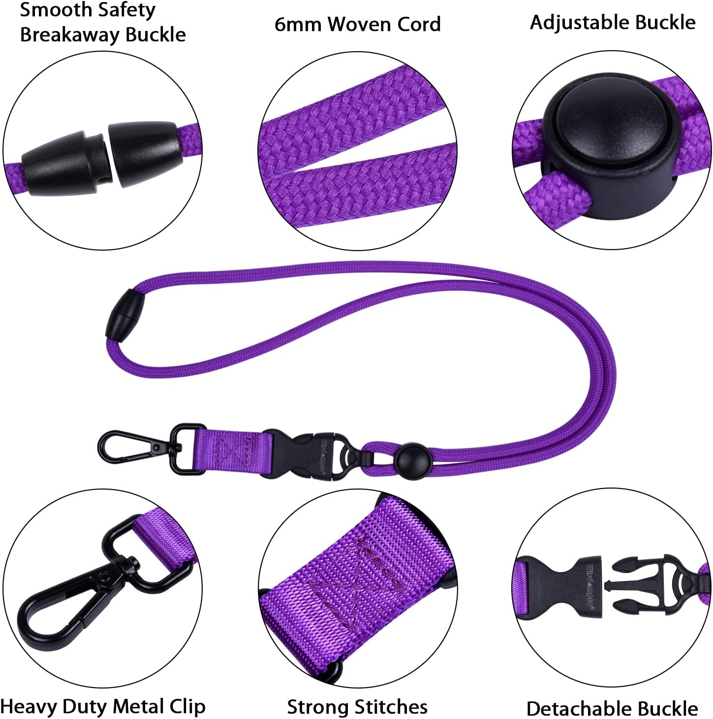 Wisdompro 2 Pack of 21 inch Durable Round Cord Heavy Duty Lanyard with Safety Breakaway Buckle, Detachable Buckle and Metal Hook for Keys, ID Card Badge Holders - Hotpink and Purple - Image 4