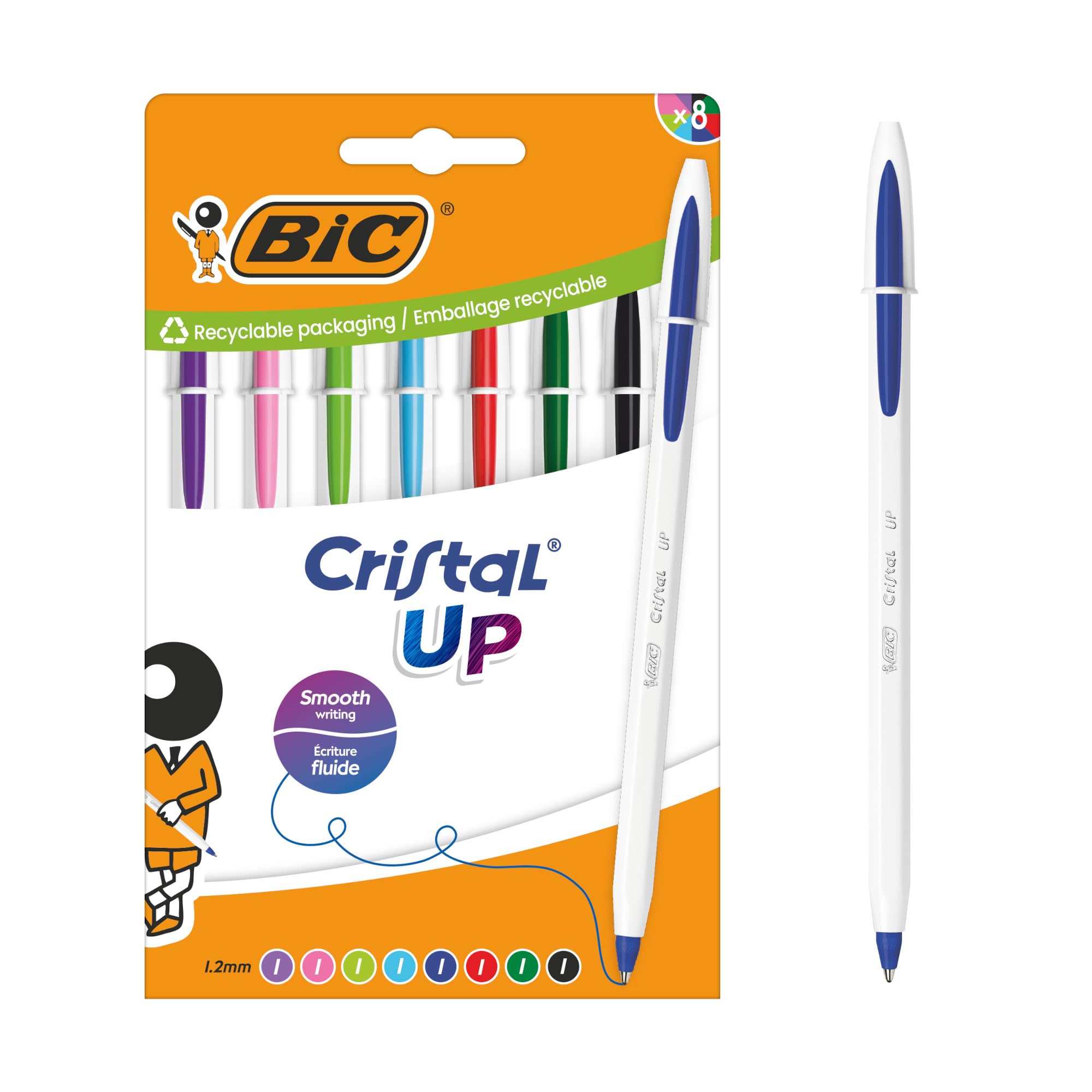 BIC Cristal Up Bolígrafos de Punta Ancha (1,2 mm) con Cuerpo Bicolor - Colores Clásicos y Divertidos Surtidos, Pack de 8