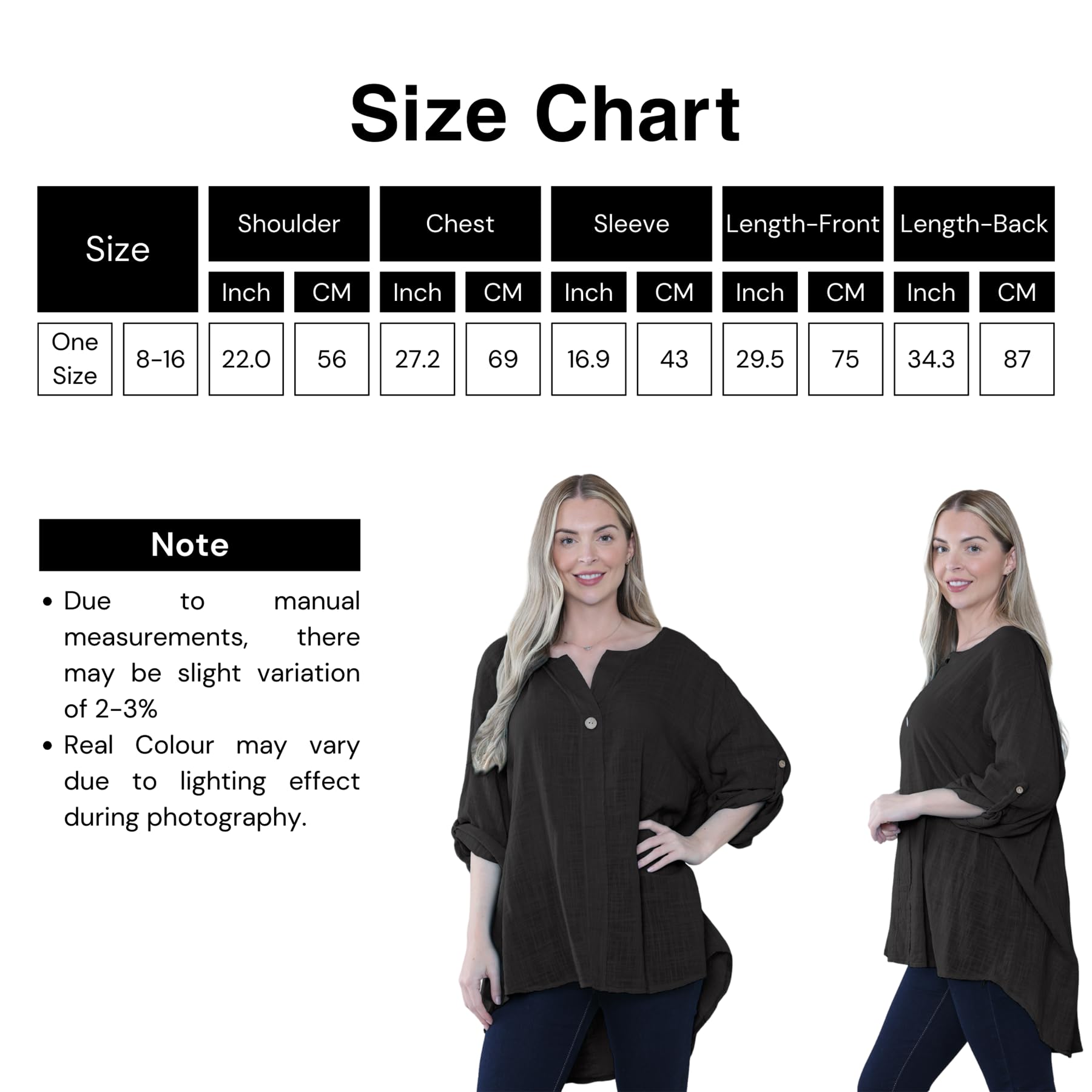 janisramone® Top italiano con maniche a 3/4 da donna, con chiusura a bottone, scollo rotondo, top estivo da donna, in lino/cotone, vestibilità larga, camicetta casual da donna