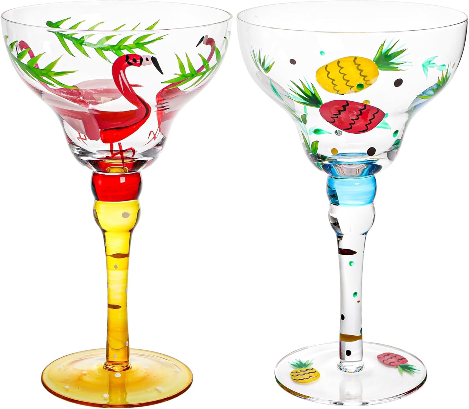 Set of 2 Margarita Glass, 10 Oz Mexican Hand Blown Glasses for Martini, Hand Painted Modern Wine Glasses Coupe Cocktail Drinkware for Champagne, Cinco de Mayo, Party Decorations