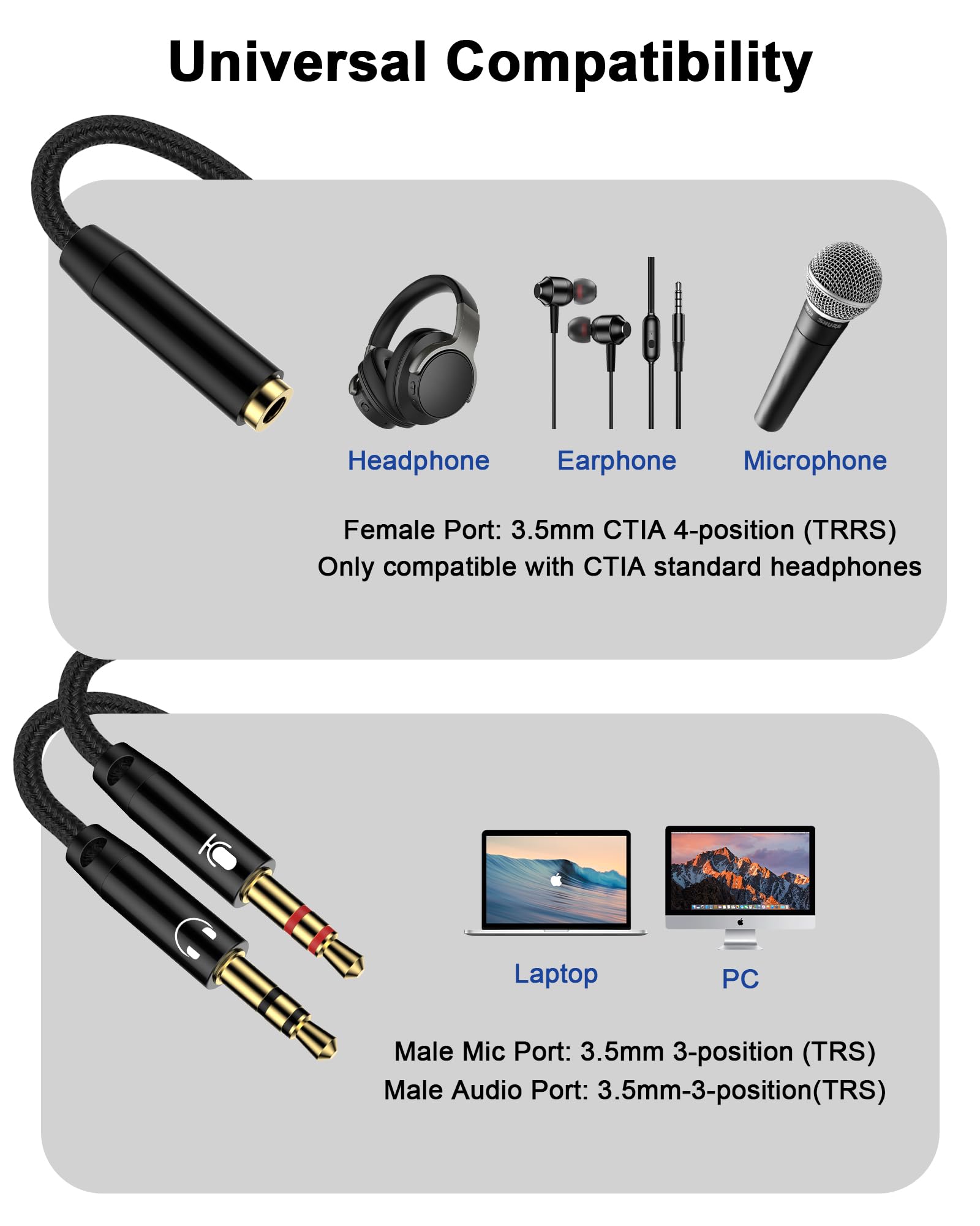 Adattatore splitter per cuffie per computer, cuffie e microfono da 3,5 mm, convertitore dongle 2 in 1, cavo separatore intrecciato a Y, compatibile con giochi, PC, altoparlanti, laptop, adattatore