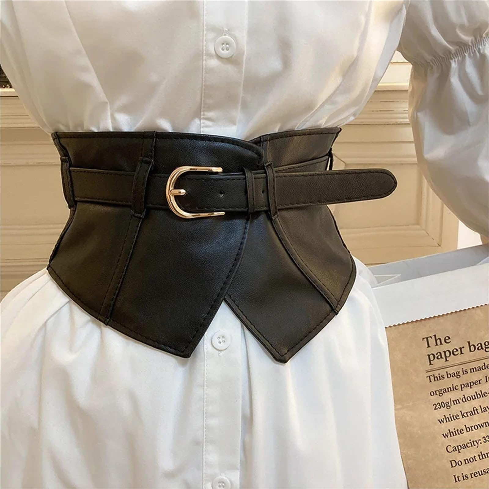 GMGQJST Corset Belt Classic Pin Buckle Wide Belts Black Elastic PU Waistband Trendy Corset Waspie Belt Classic Dress Coat Girdle For Women Girls(Black)