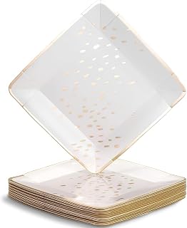 Silver Spoons Abstract Design Square Disposable Paper Plates (18 Pc) Heavy Duty Paper Plates 7 inch, Dessert Plates for Birthday, Gold Dinnerware Set for Baby Showers, Weddings & Events - Ivory